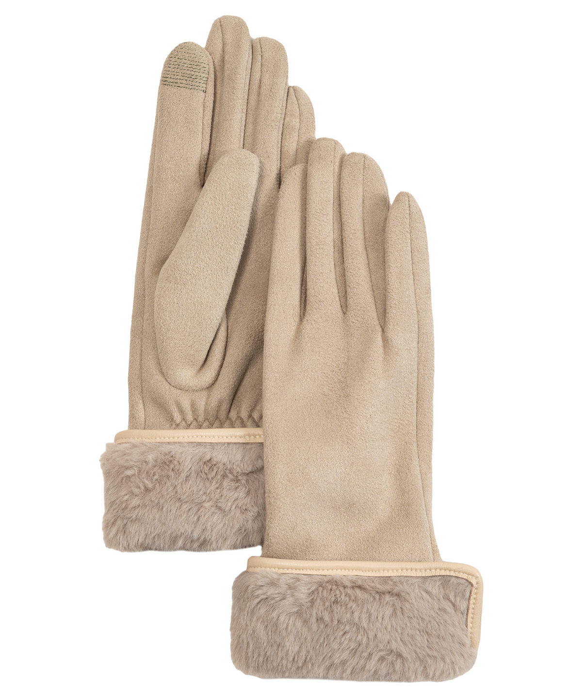 Stretch Suede Fold-Up Faux Fur Cuff Gloves - Cream