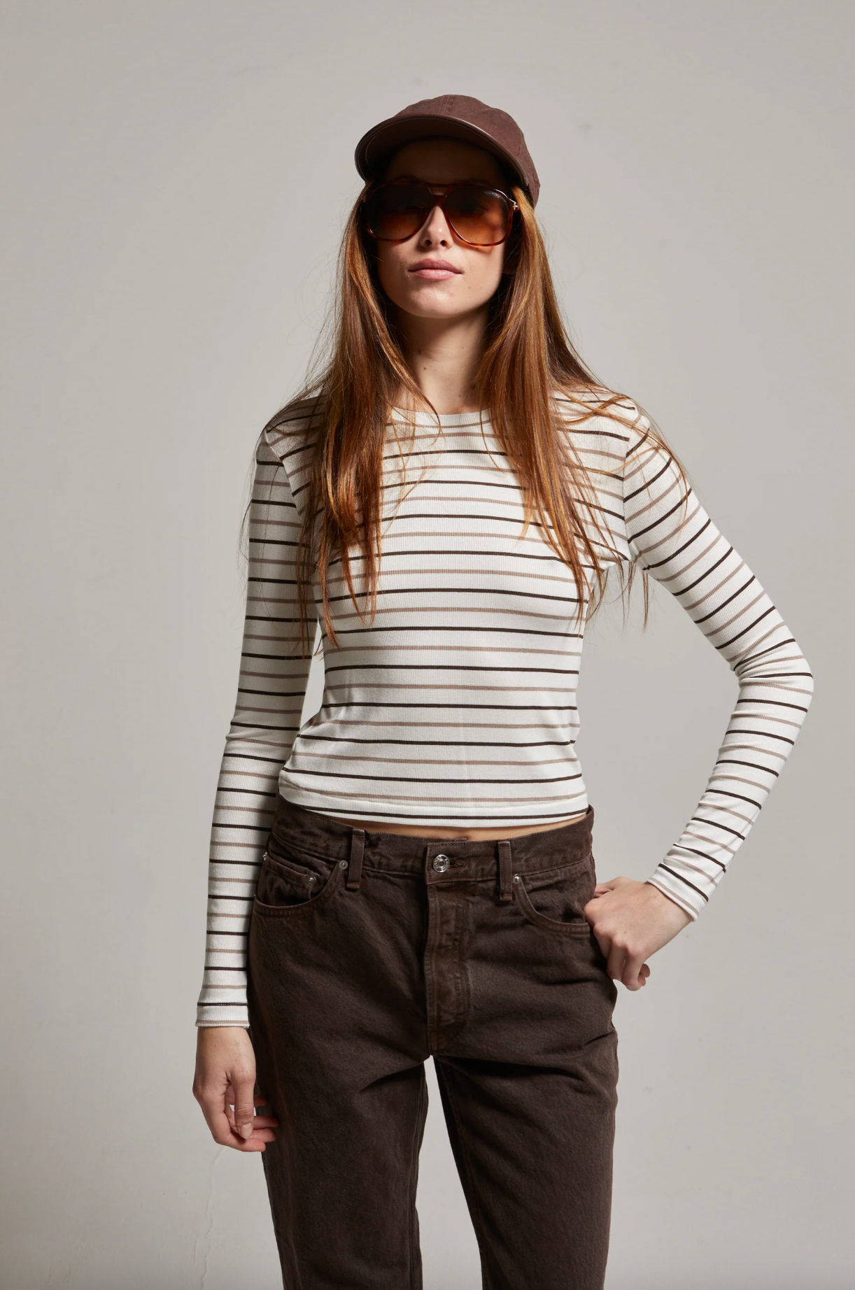 Libby Striped Longsleeve - White/Brown Stripe