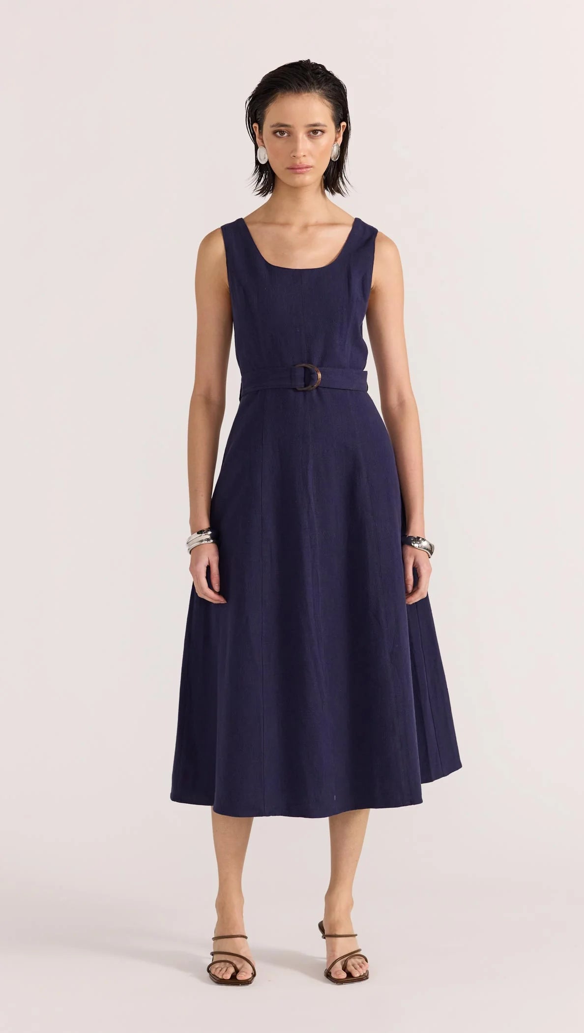 Mira Belted Midi Dress - Navy