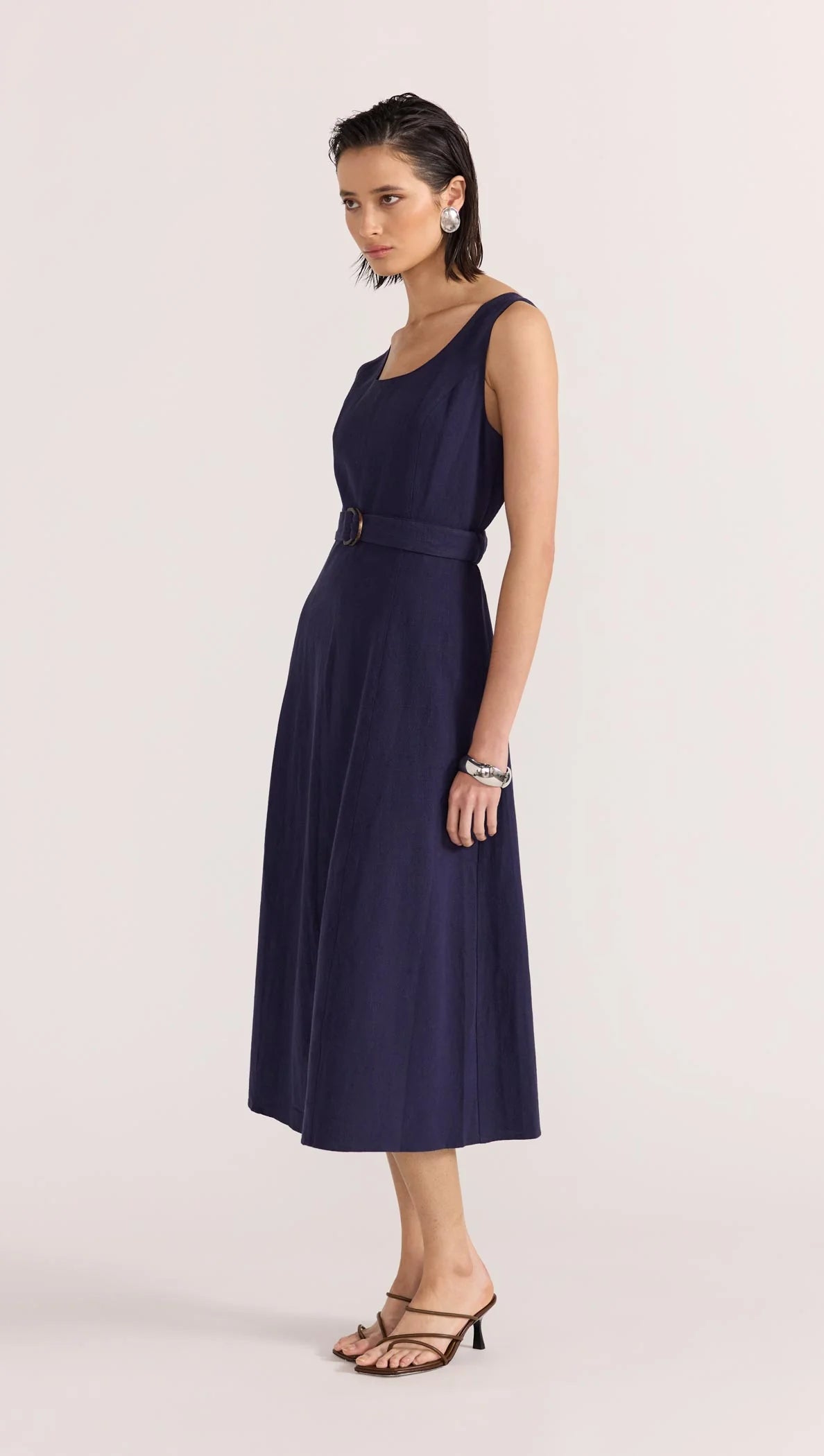 Mira Belted Midi Dress - Navy