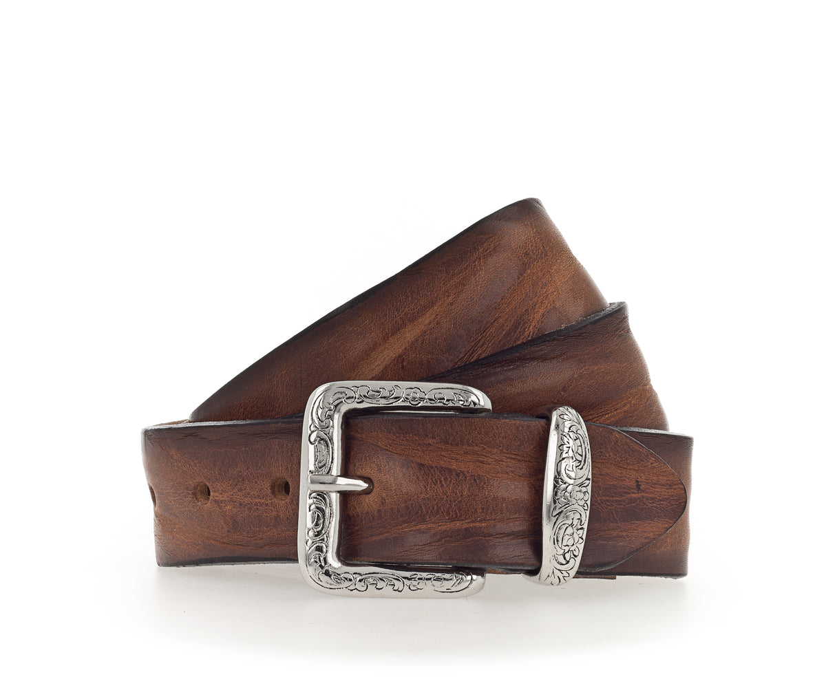 Wild West Inspired Leather Belt - Cognac with Silver