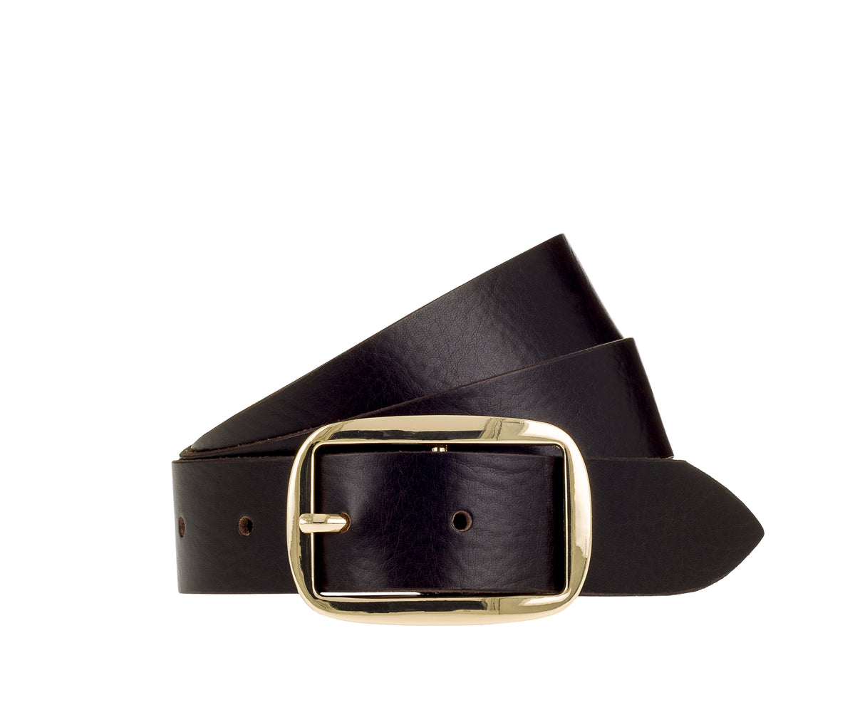 30 mm Leather Belt with Light Gold Buckle - Dark Brown
