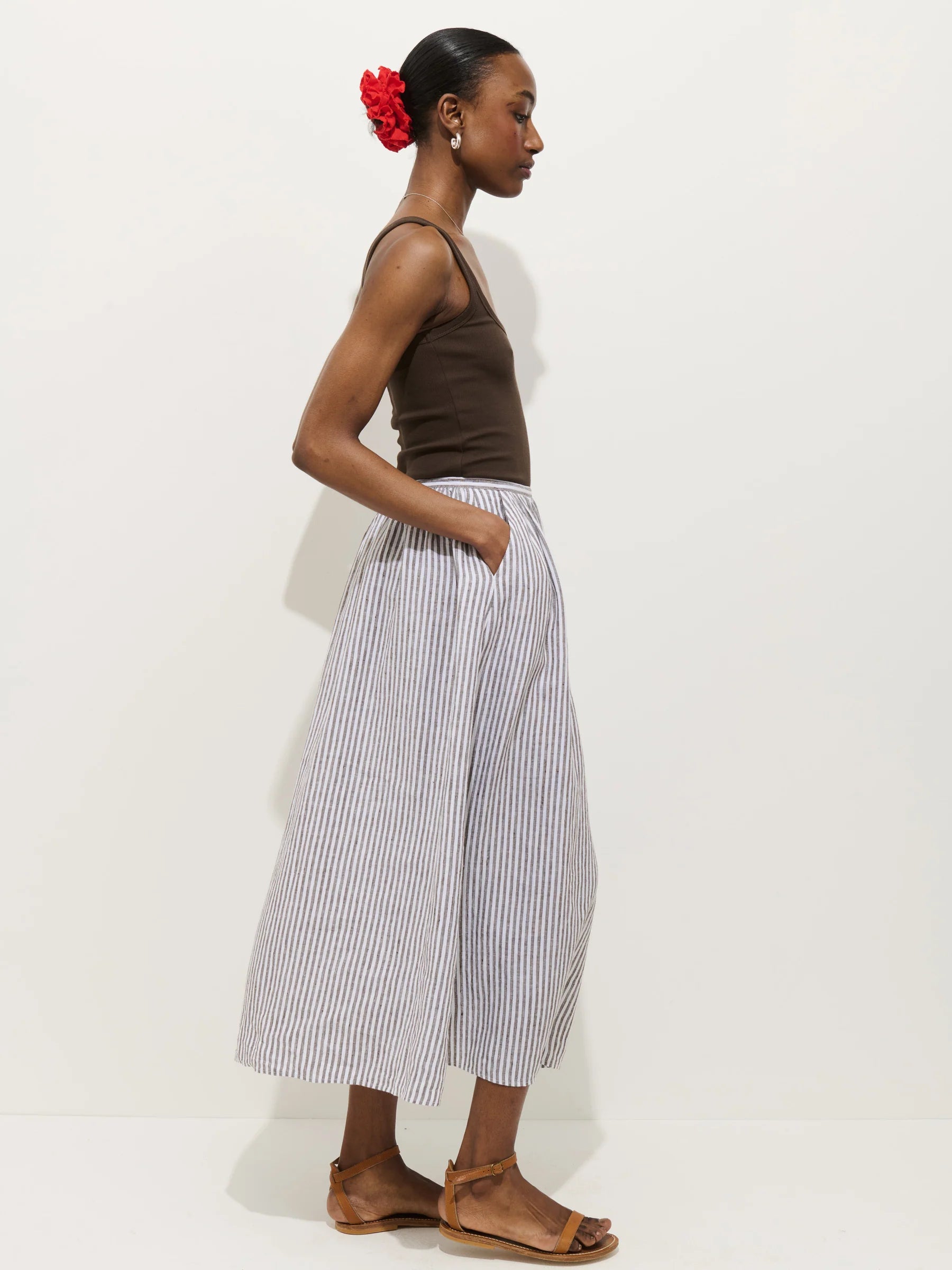 Sarah Striped Skirt In Linen - Espresso/Ivory