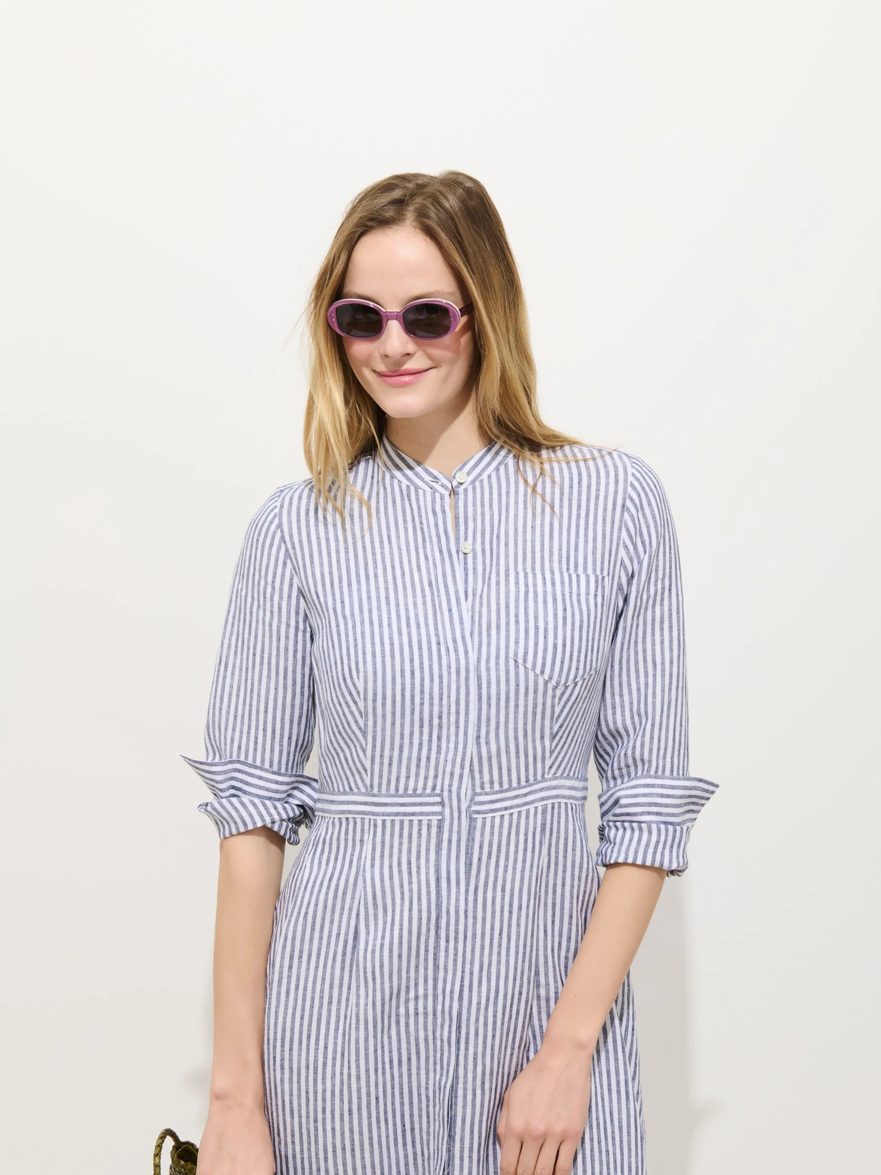 Isabella Striped Dress In Linen - Navy/Ivory
