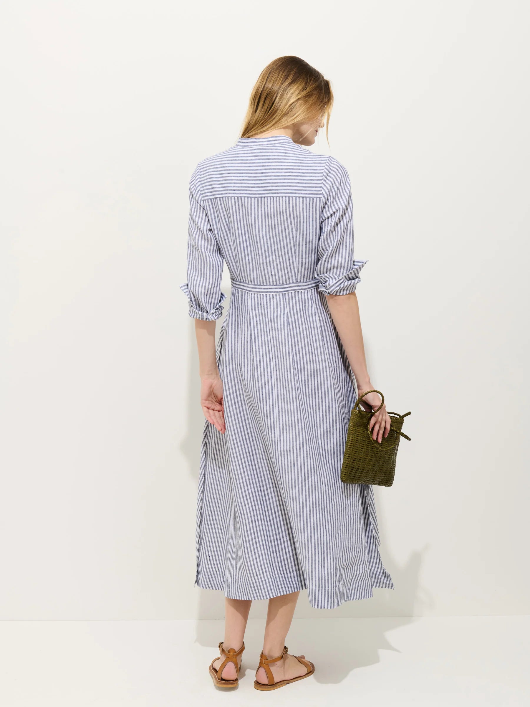 Isabella Striped Dress In Linen - Navy/Ivory