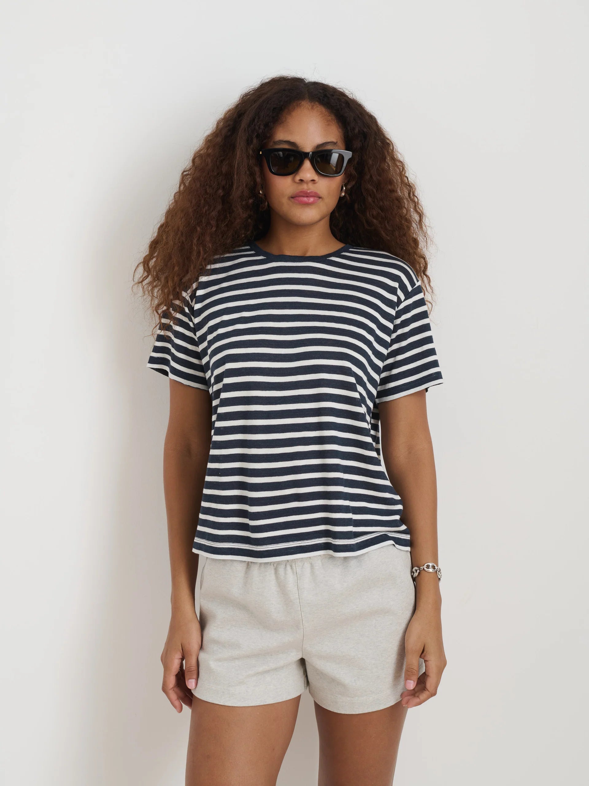 Garcon Striped Tee in Linen Cotton - Navy/Off White