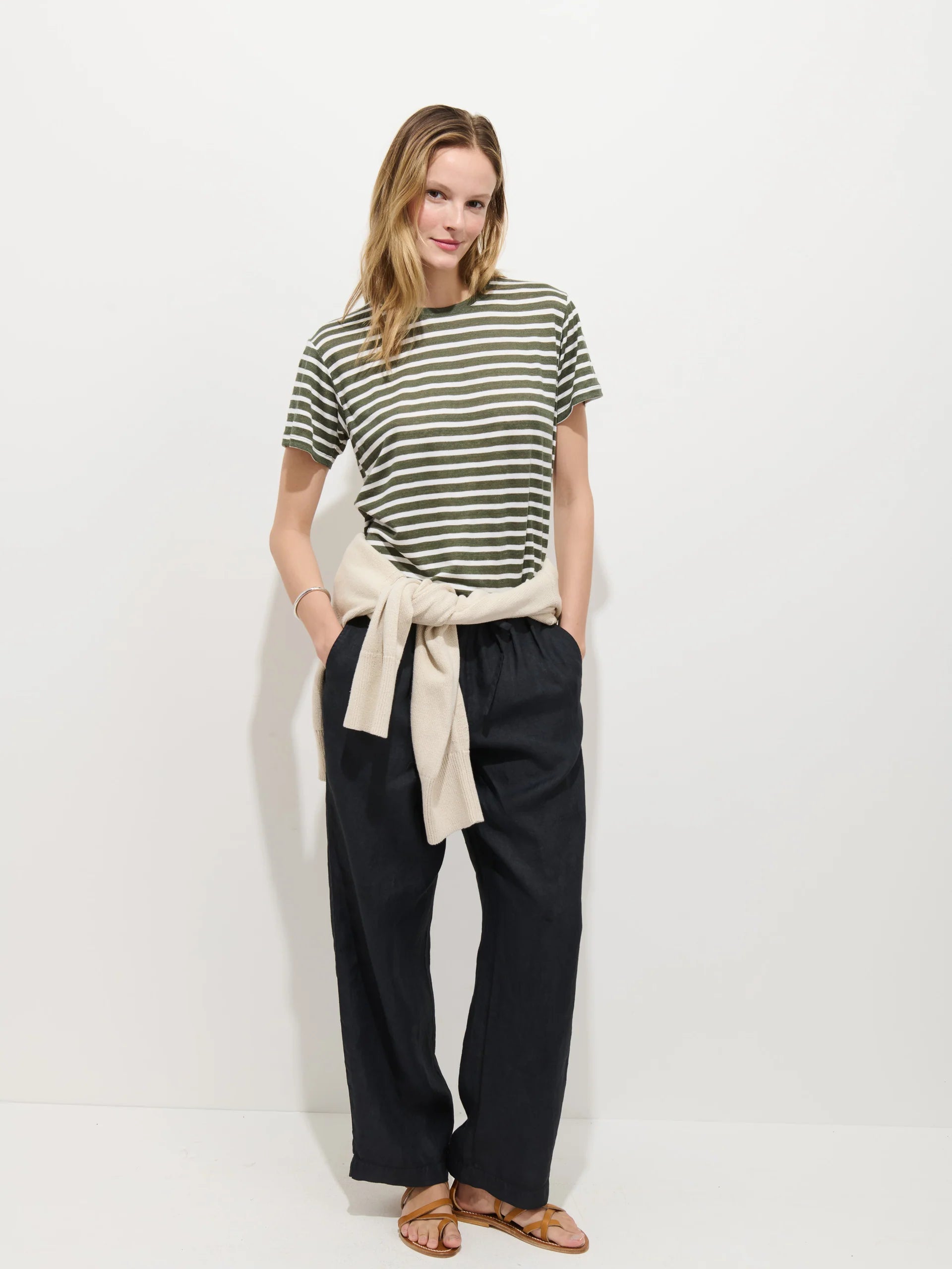 Garcon Striped Tee in Linen Cotton - Olive/Off White