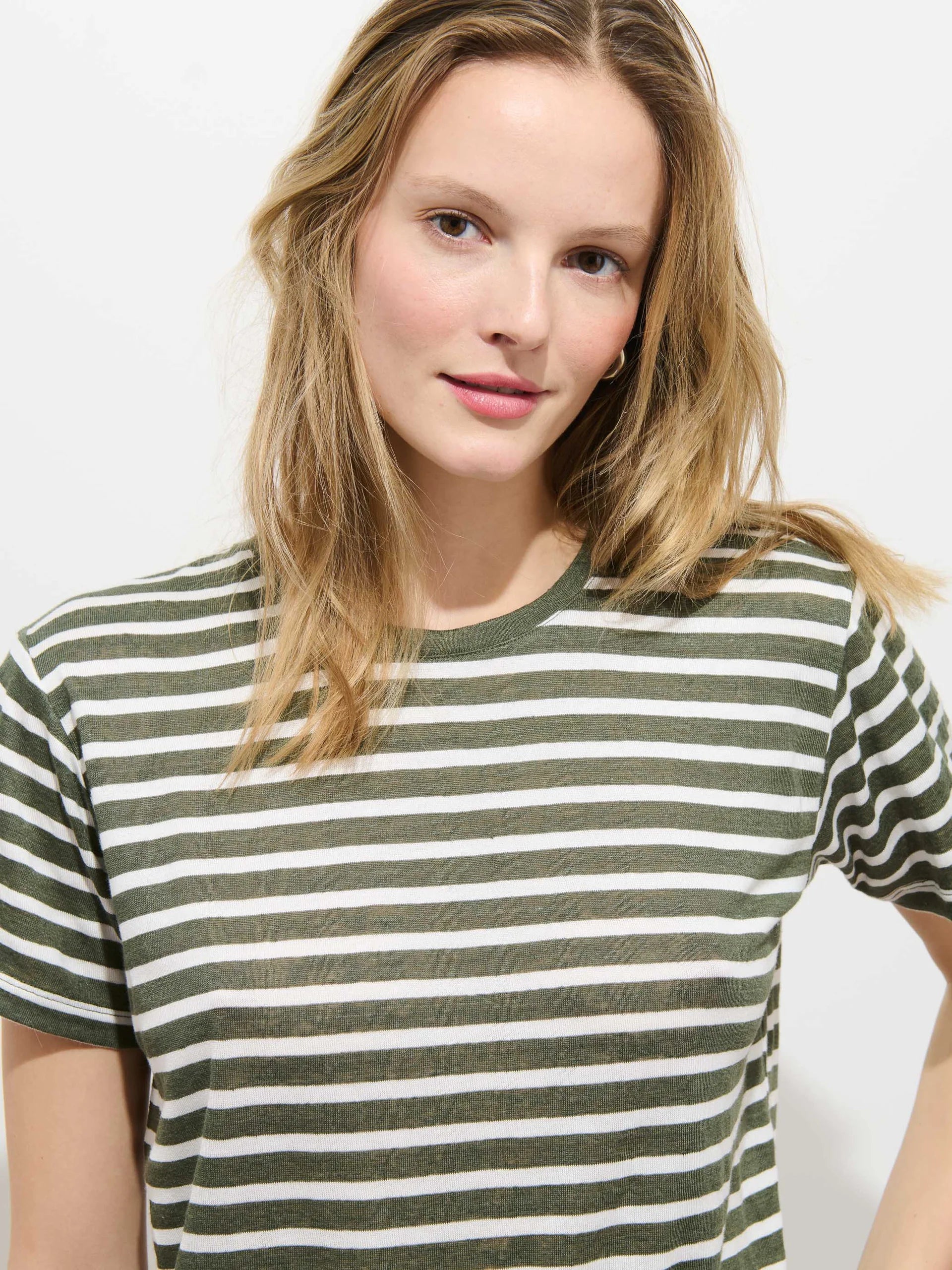 Garcon Striped Tee in Linen Cotton - Olive/Off White