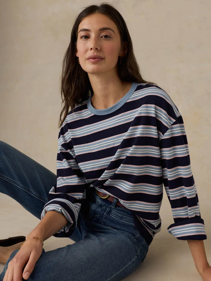 Sunwashed Long Sleeve Retro Tee - Moonlit Tidal Stripe