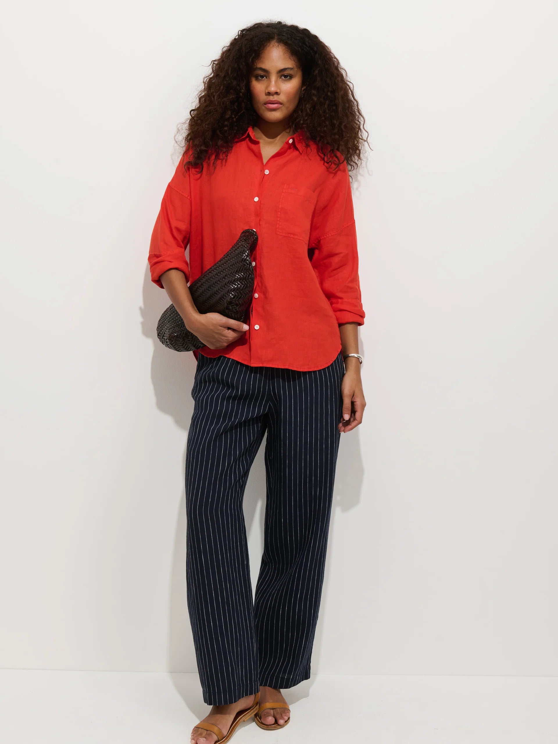 Hudson Pinstripe Pant in Linen - Navy/Ivory Stripe