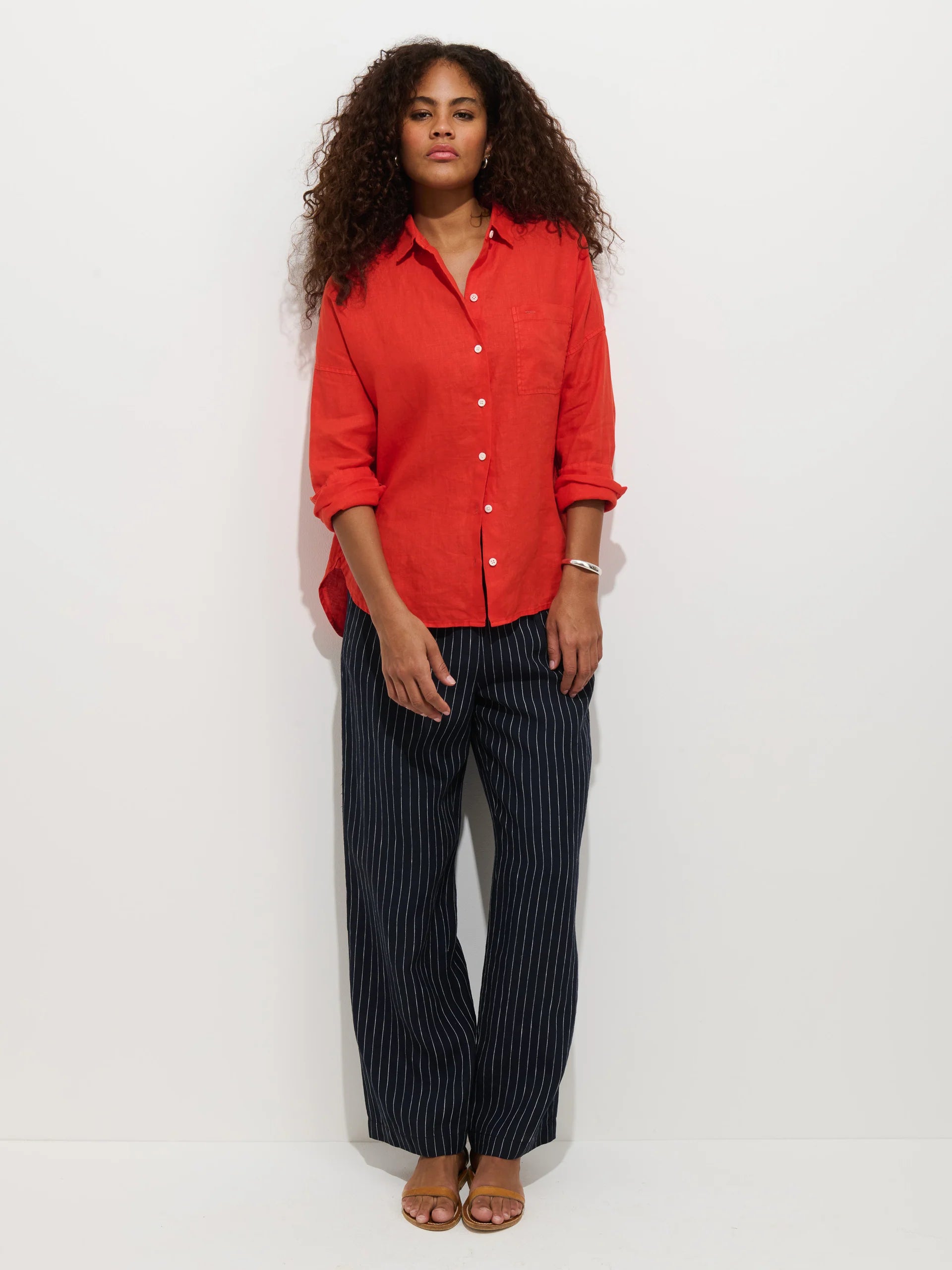 Hudson Pinstripe Pant in Linen - Navy/Ivory Stripe