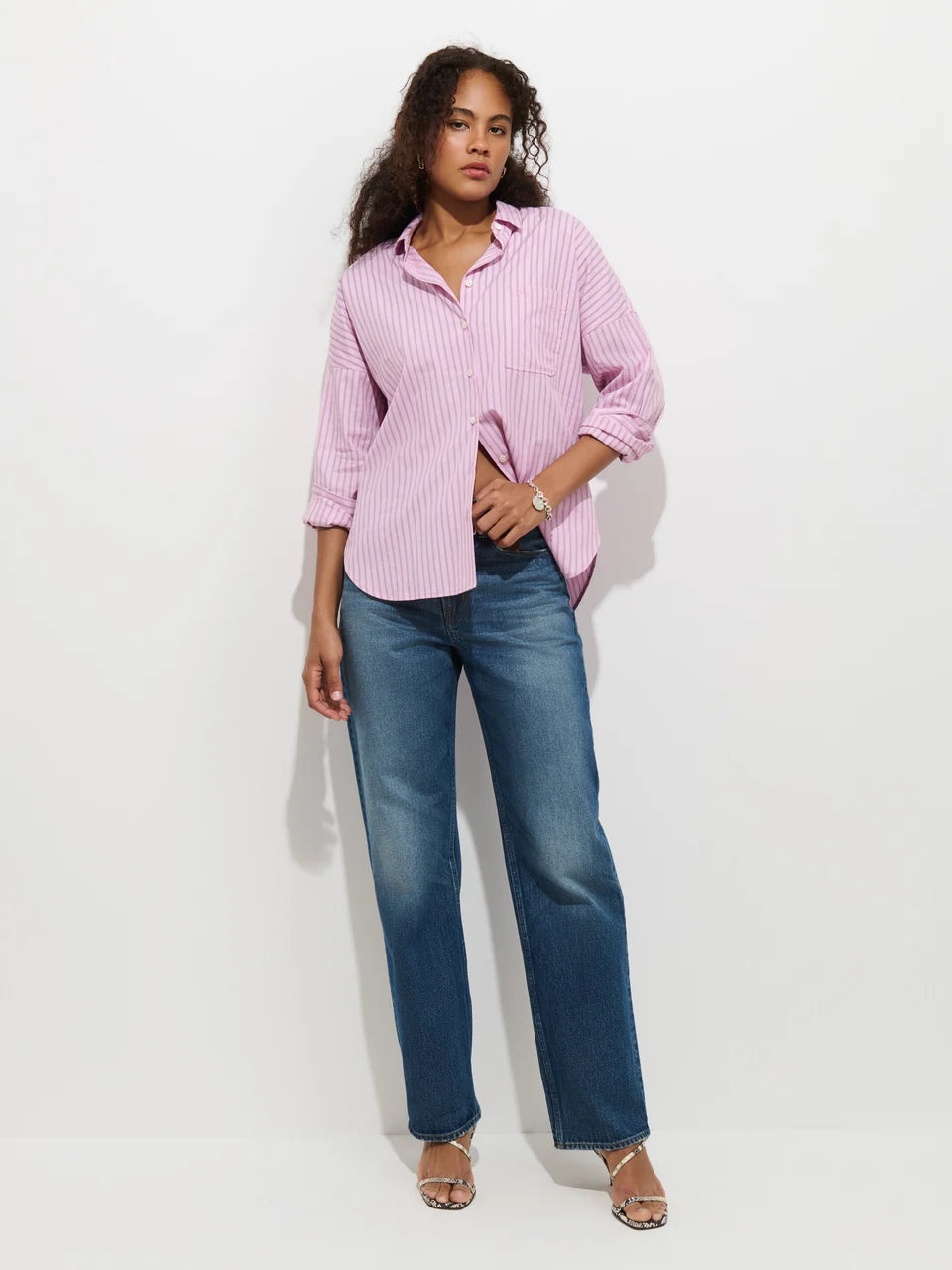 Jo Shirt in Stripe Cotton Poplin - Pink Stripe