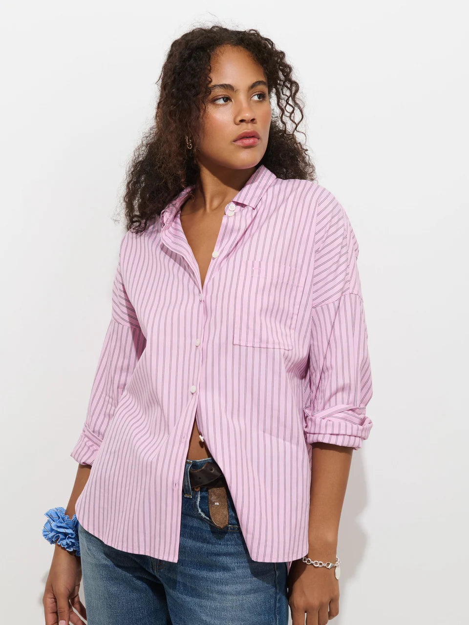 Jo Shirt in Stripe Cotton Poplin - Pink Stripe