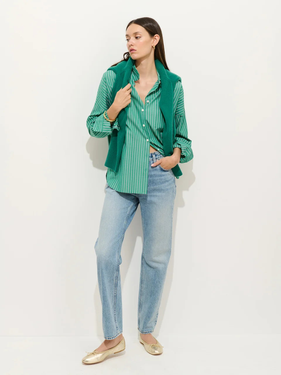 Jo Shirt in Stripe Cotton Poplin - Jade Green