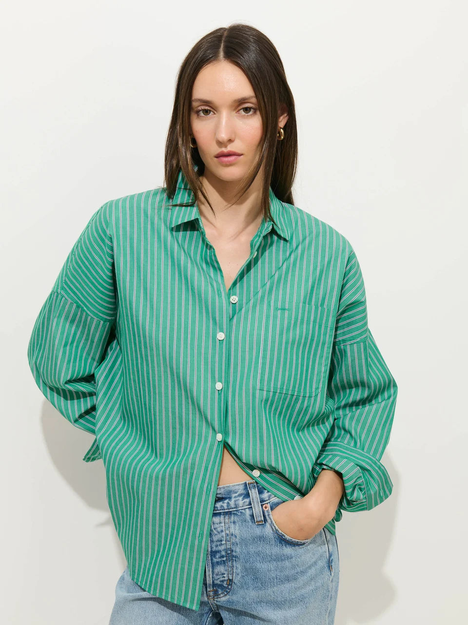 Jo Shirt in Stripe Cotton Poplin - Jade Green