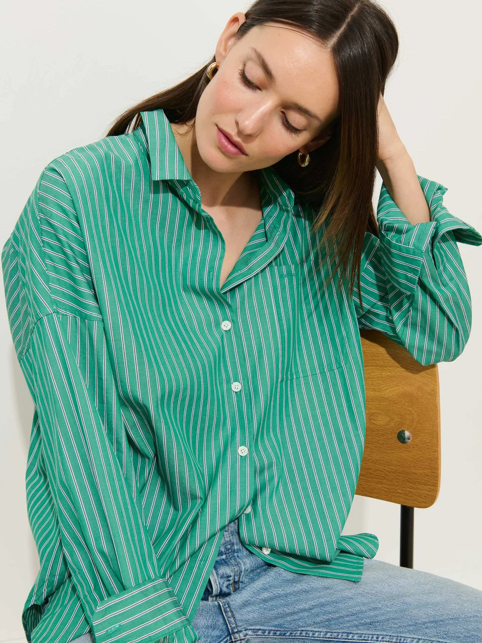 Jo Shirt in Stripe Cotton Poplin - Jade Green