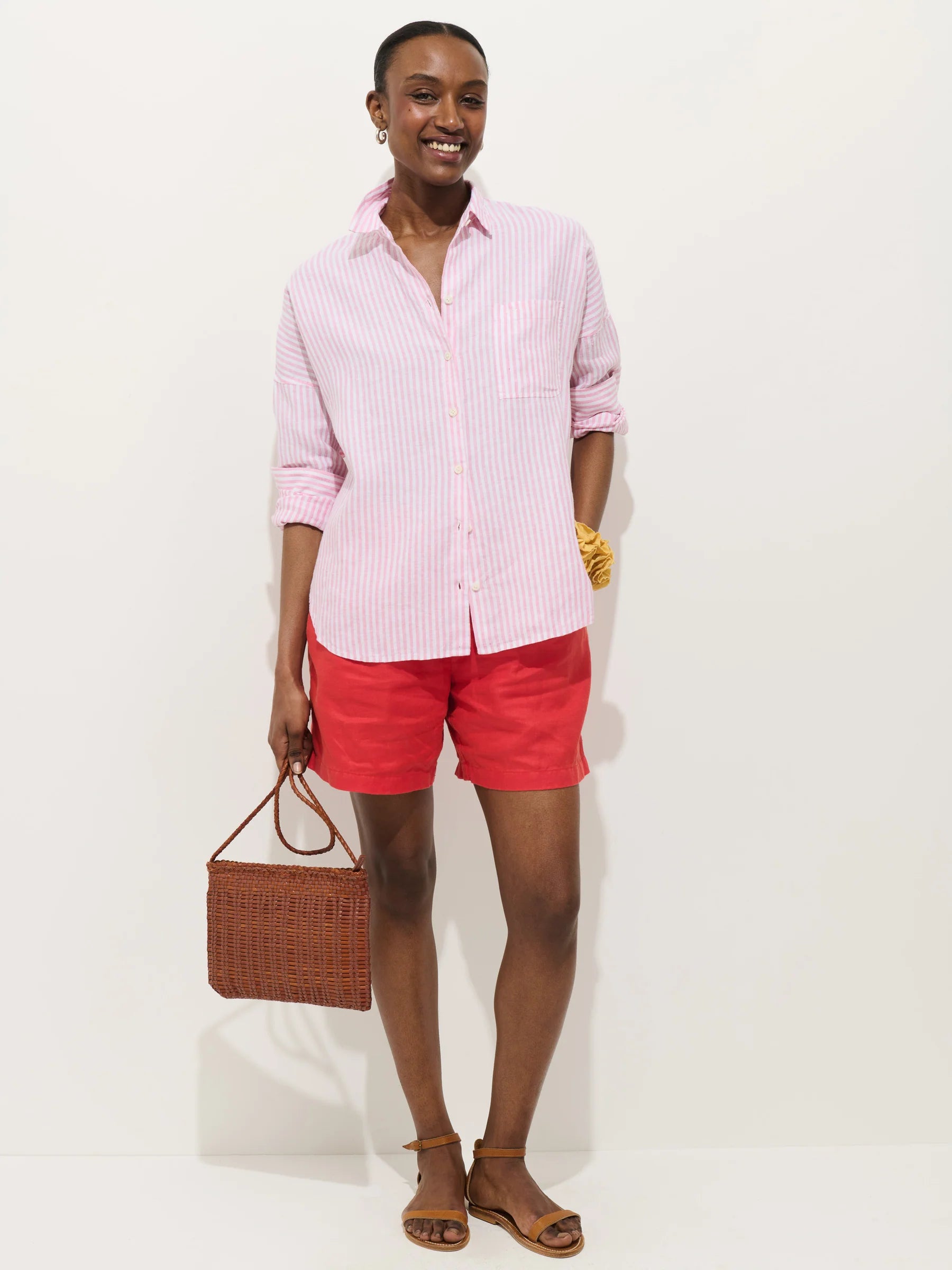 Jo Striped Shirt In Linen - Pink/Ivory