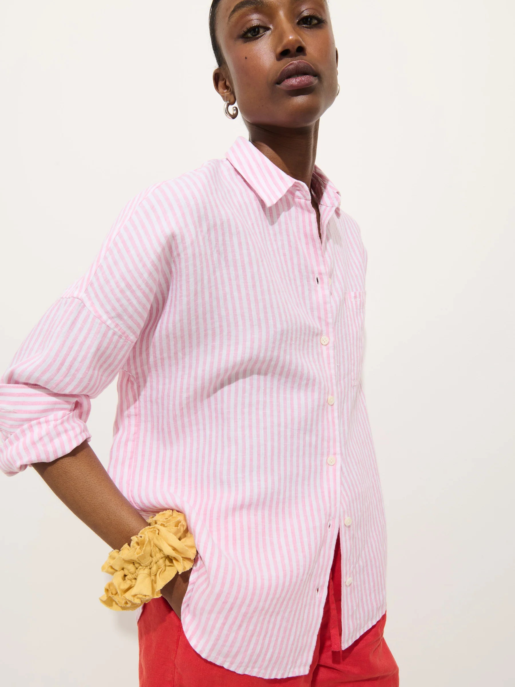 Jo Striped Shirt In Linen - Pink/Ivory