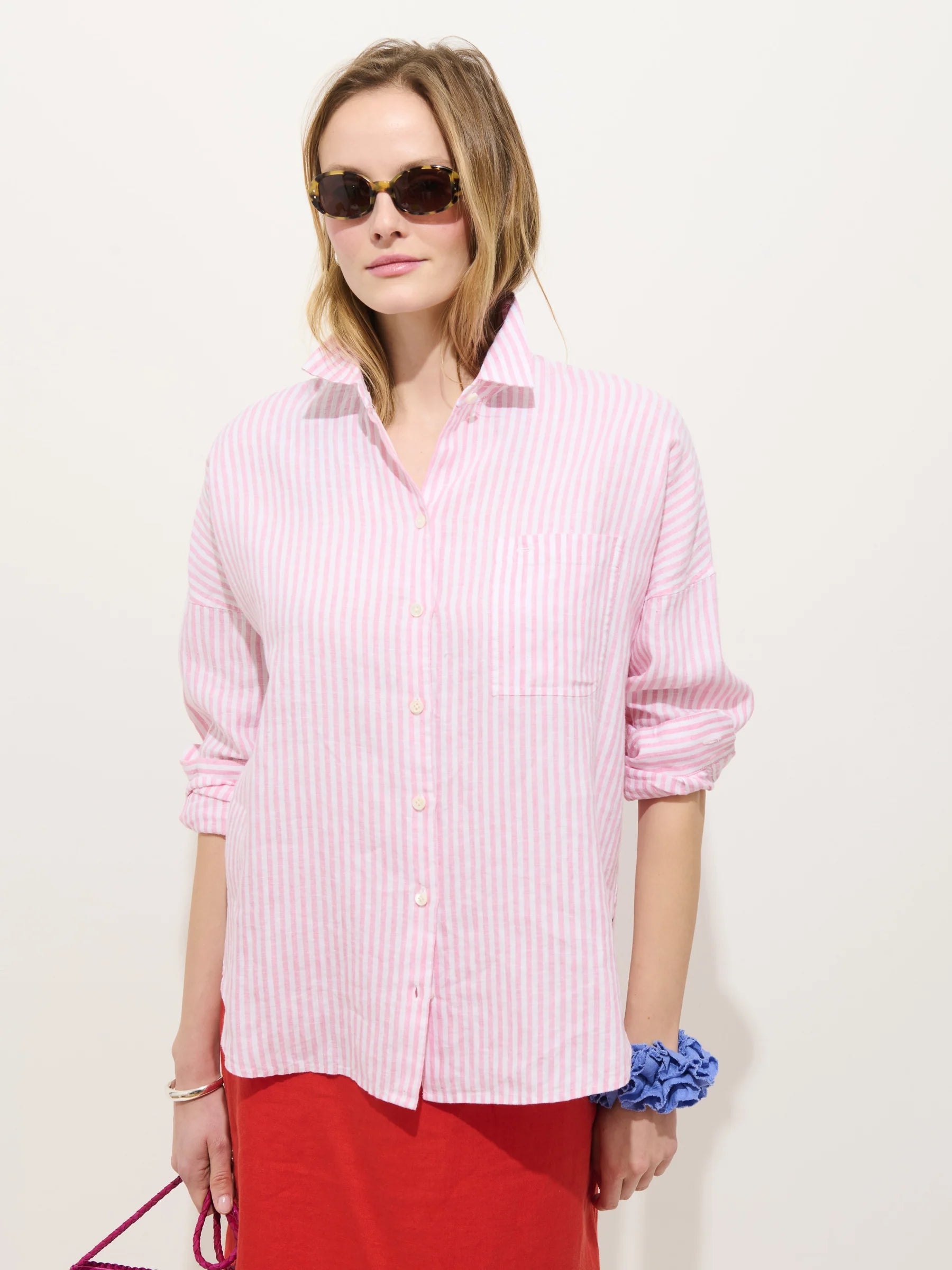 Jo Striped Shirt In Linen - Pink/Ivory