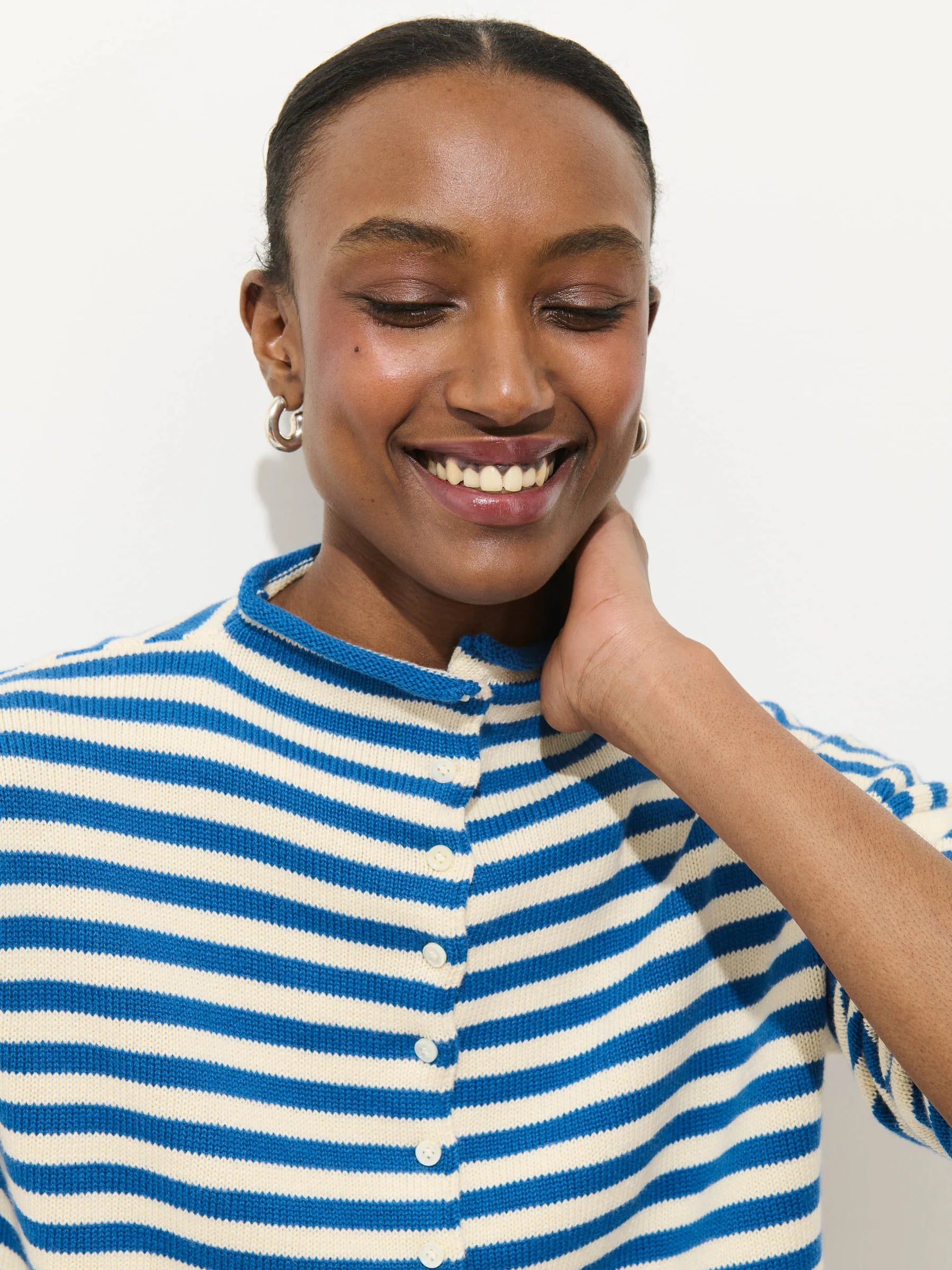 Taylor Cardigan in Cotton Cashmere - Ivory/Blue