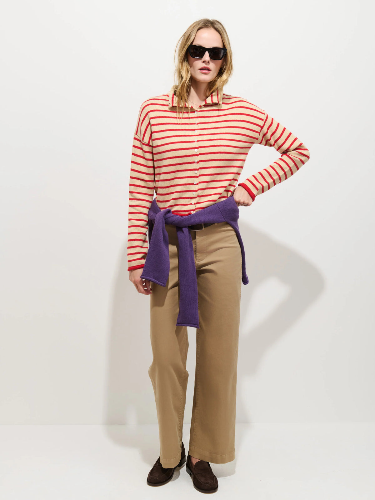 Taylor Cardigan in Mariner Stripe - Skinny Latte/Bright Flame
