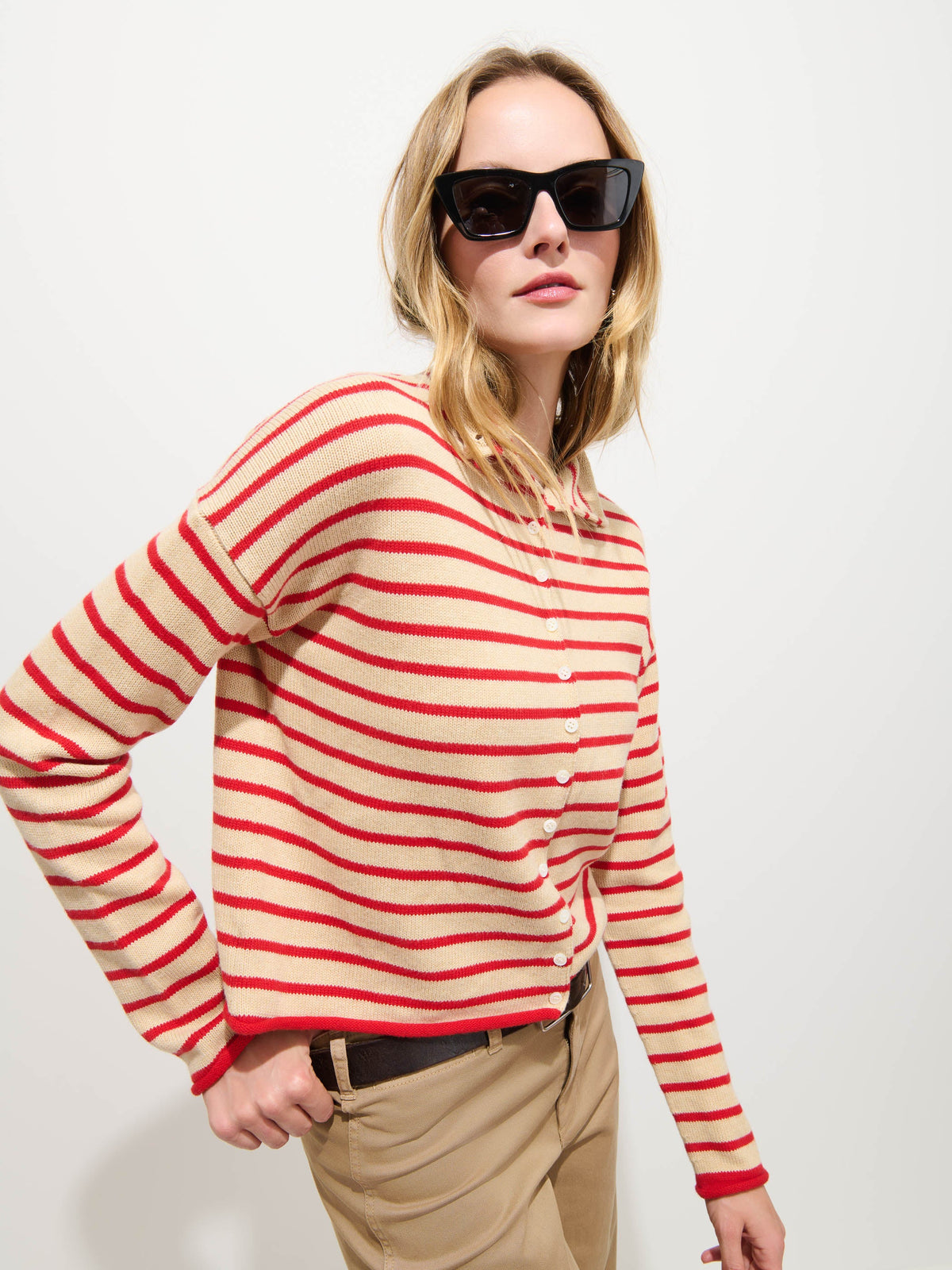 Taylor Cardigan in Mariner Stripe - Skinny Latte/Bright Flame