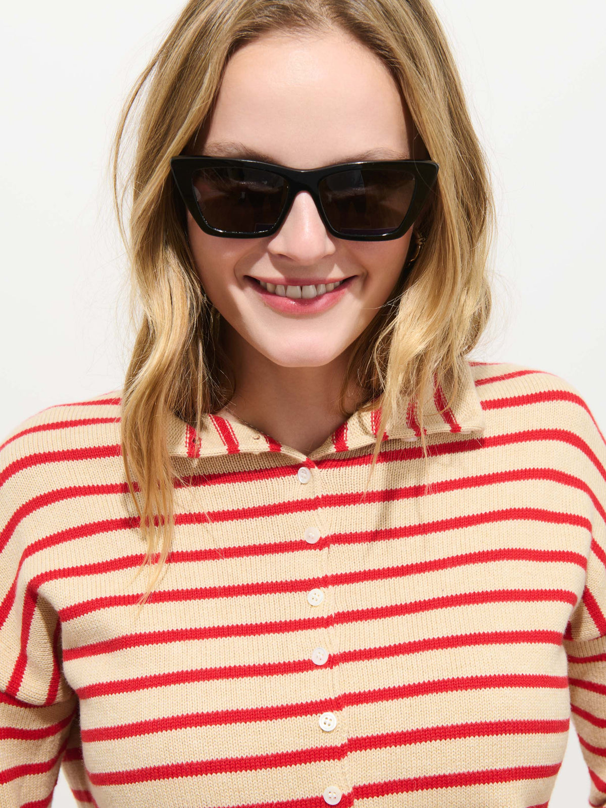 Taylor Cardigan in Mariner Stripe - Skinny Latte/Bright Flame