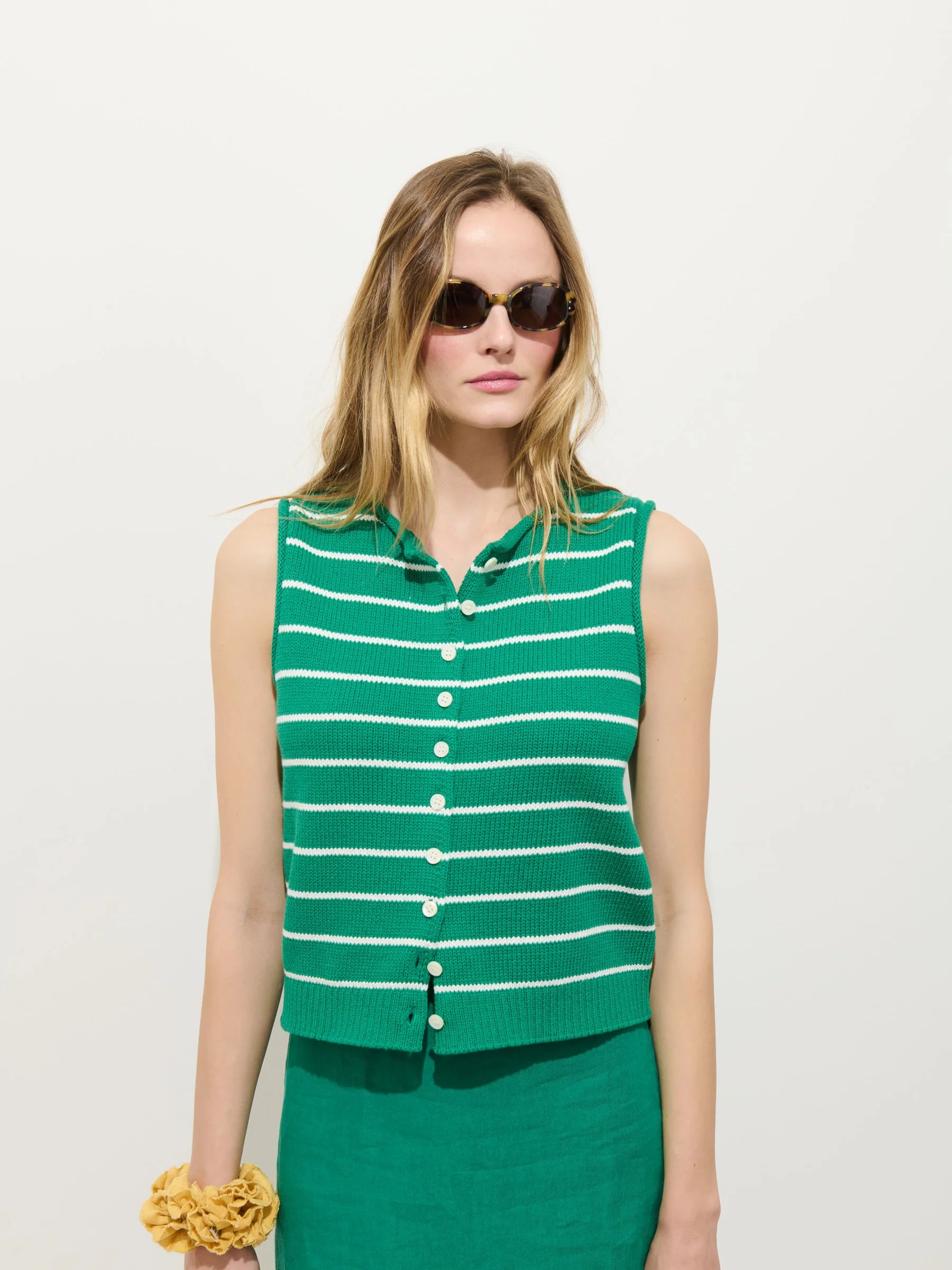 Taylor Striped Vest in Cotton - Jade/Ivory