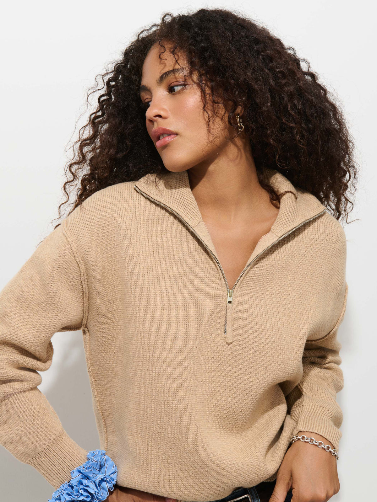 Daphne Half-Zip Sweater in Cotton Cashmere - Cornsilk