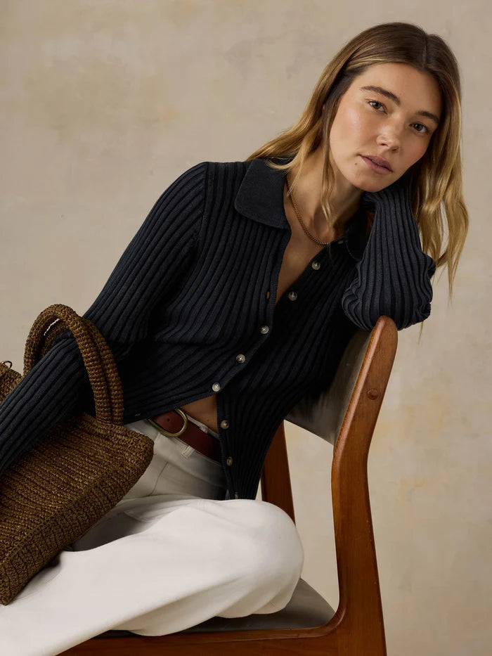 Sunwashed Cotton Ribbed Cardigan - Black