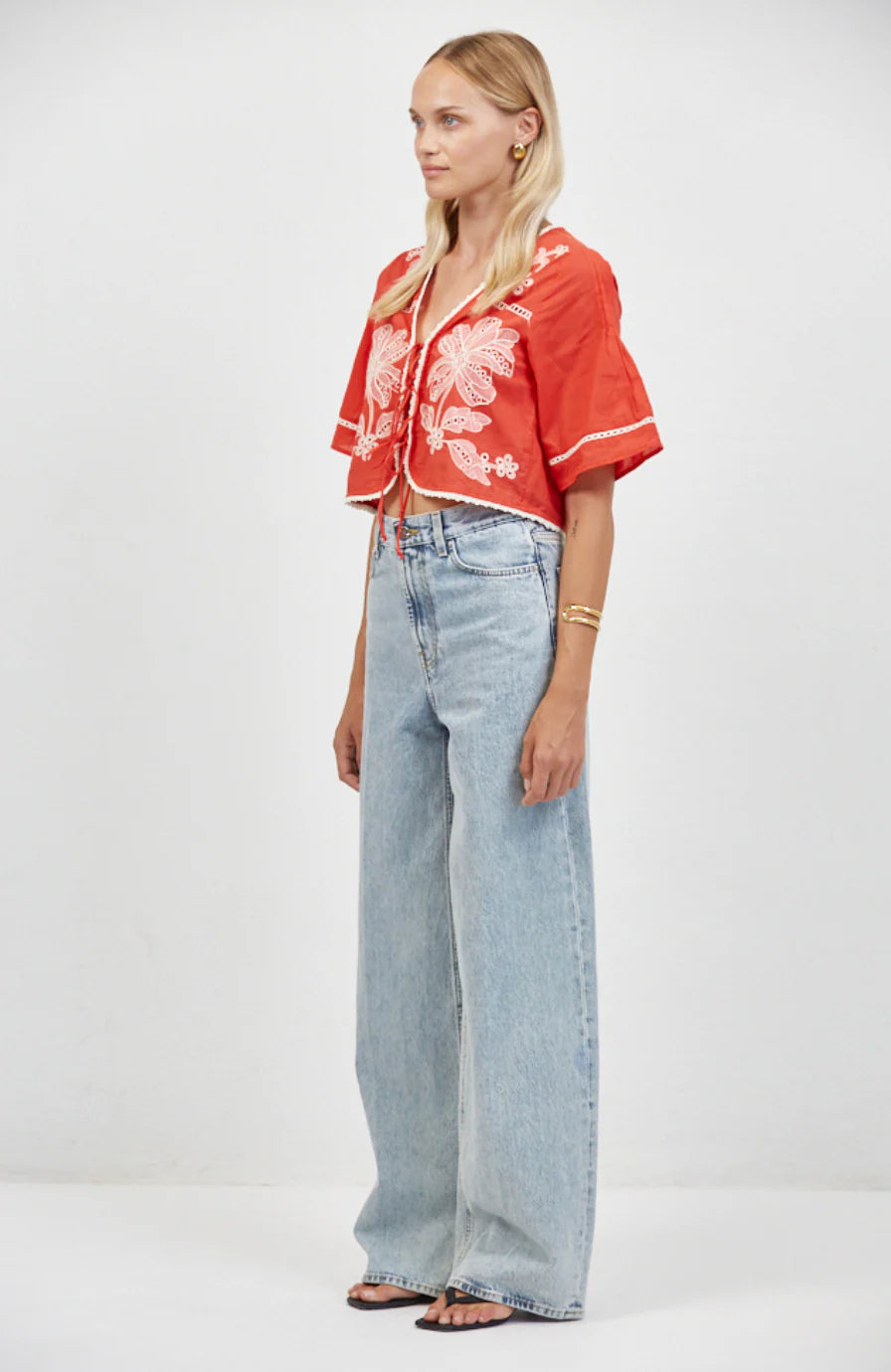 Auguste Floral Eyelet Tie Top - Red