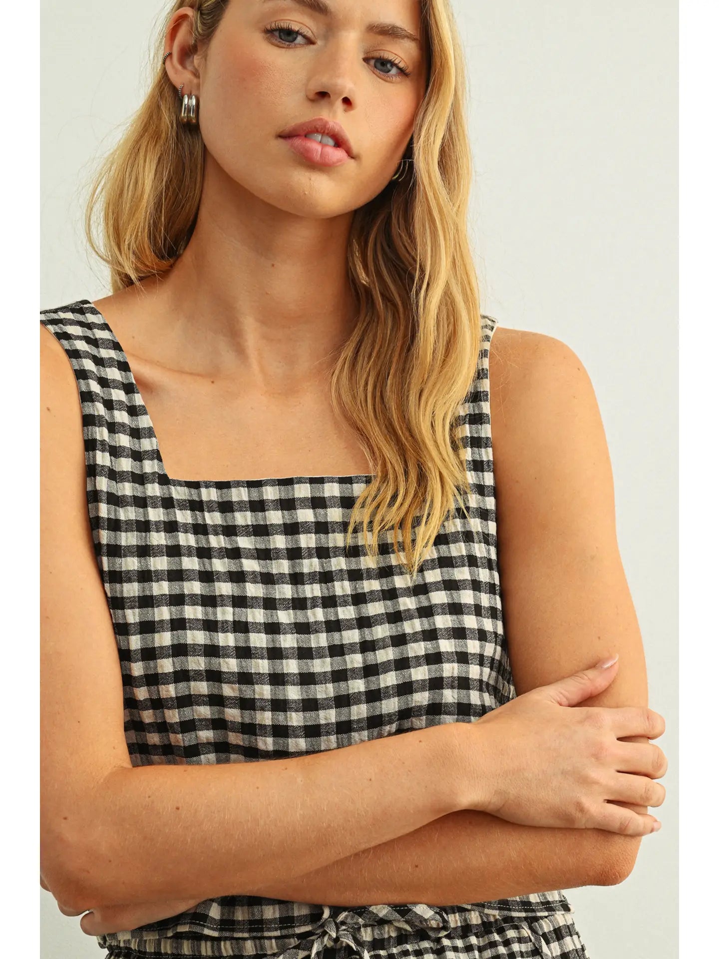 Gingham Square Neck Tank - Black/Cream