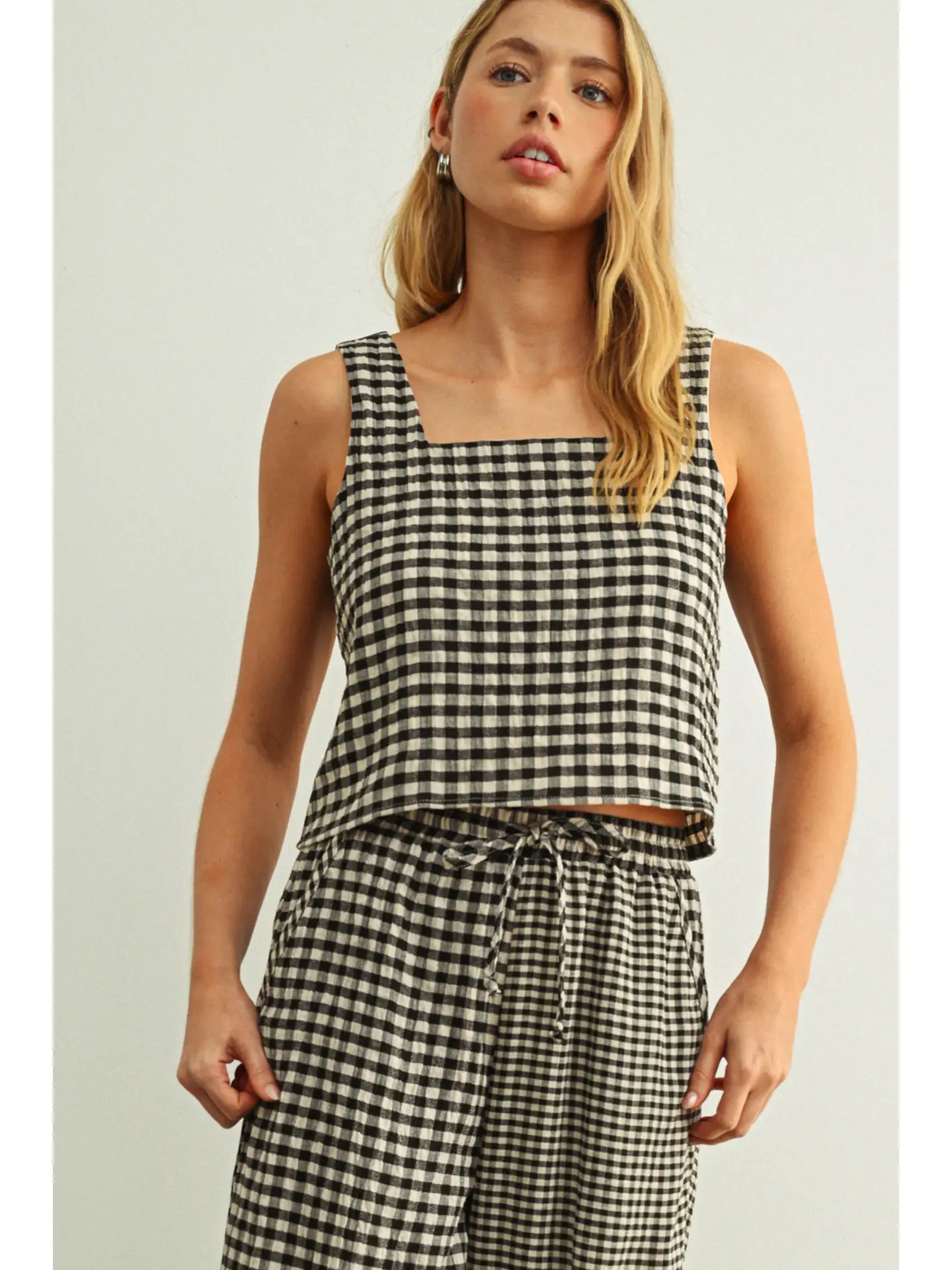 Gingham Square Neck Tank - Black/Cream