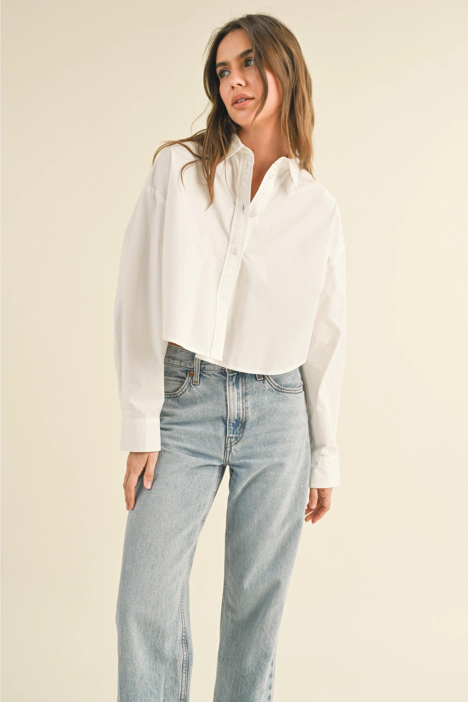 Cropped Cotton Button Down - White