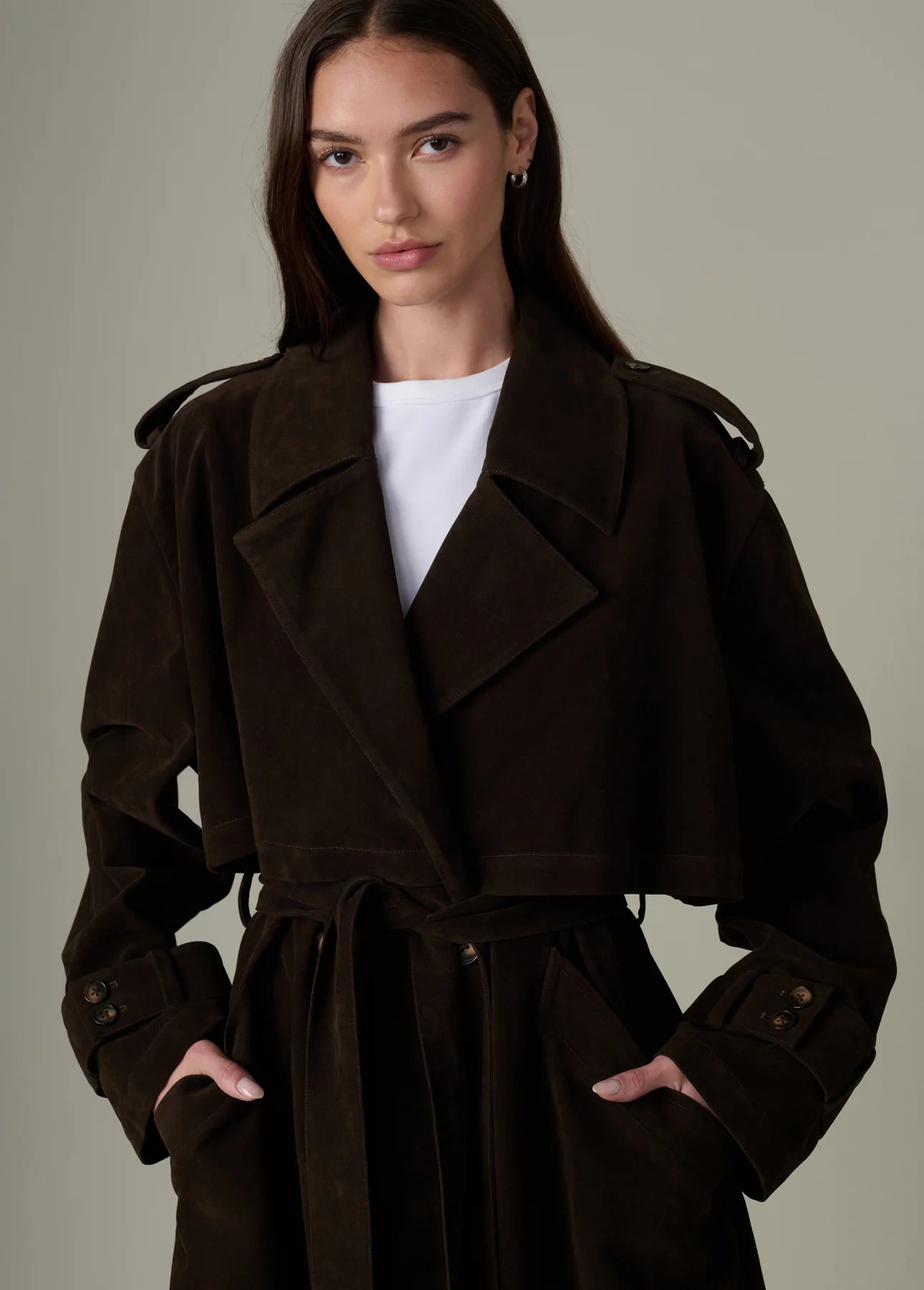 The Elizabeth Vegan Suede Trench Coat - Dark Chocolate