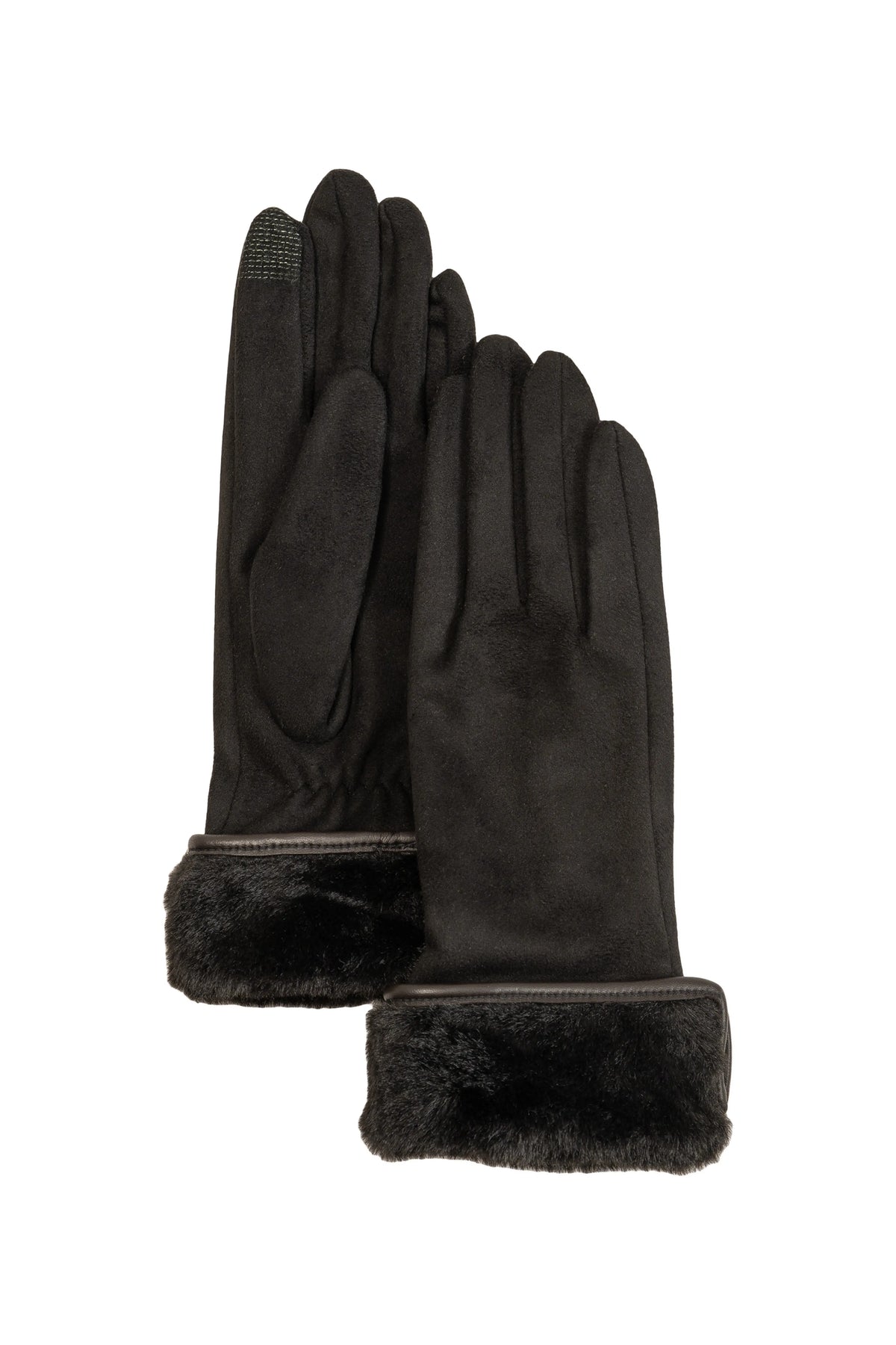 Stretch Suede Fold-Up Faux Fur Cuff Gloves - Black