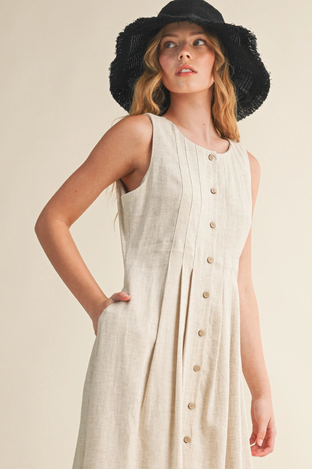 Pleated Button-Front Linen Maxi Dress - Oatmeal