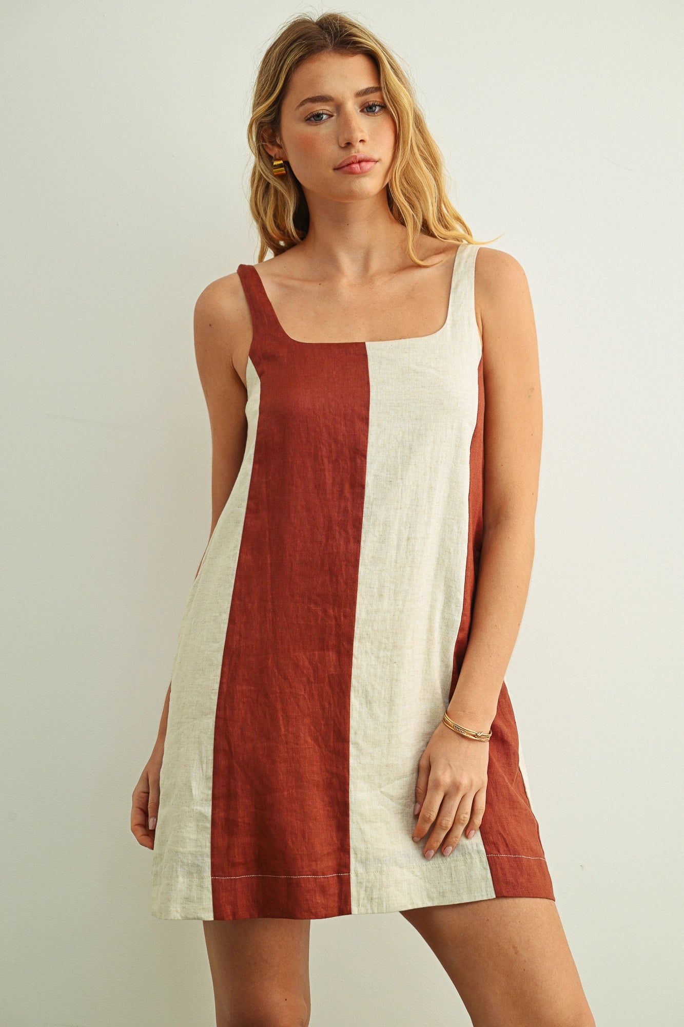 Color Block Linen Mini Dress - Rose Clay/Oatmeal
