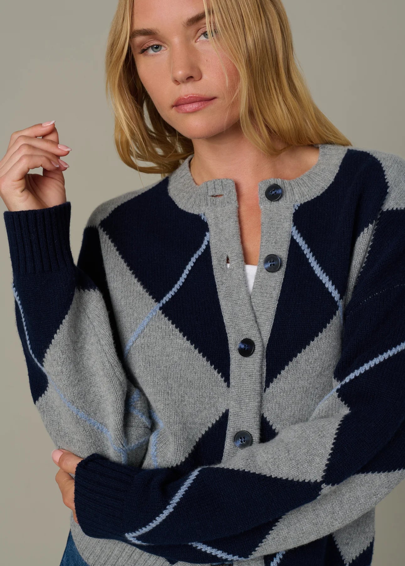 Relaxed Fit Cardigan - Blue Argyle