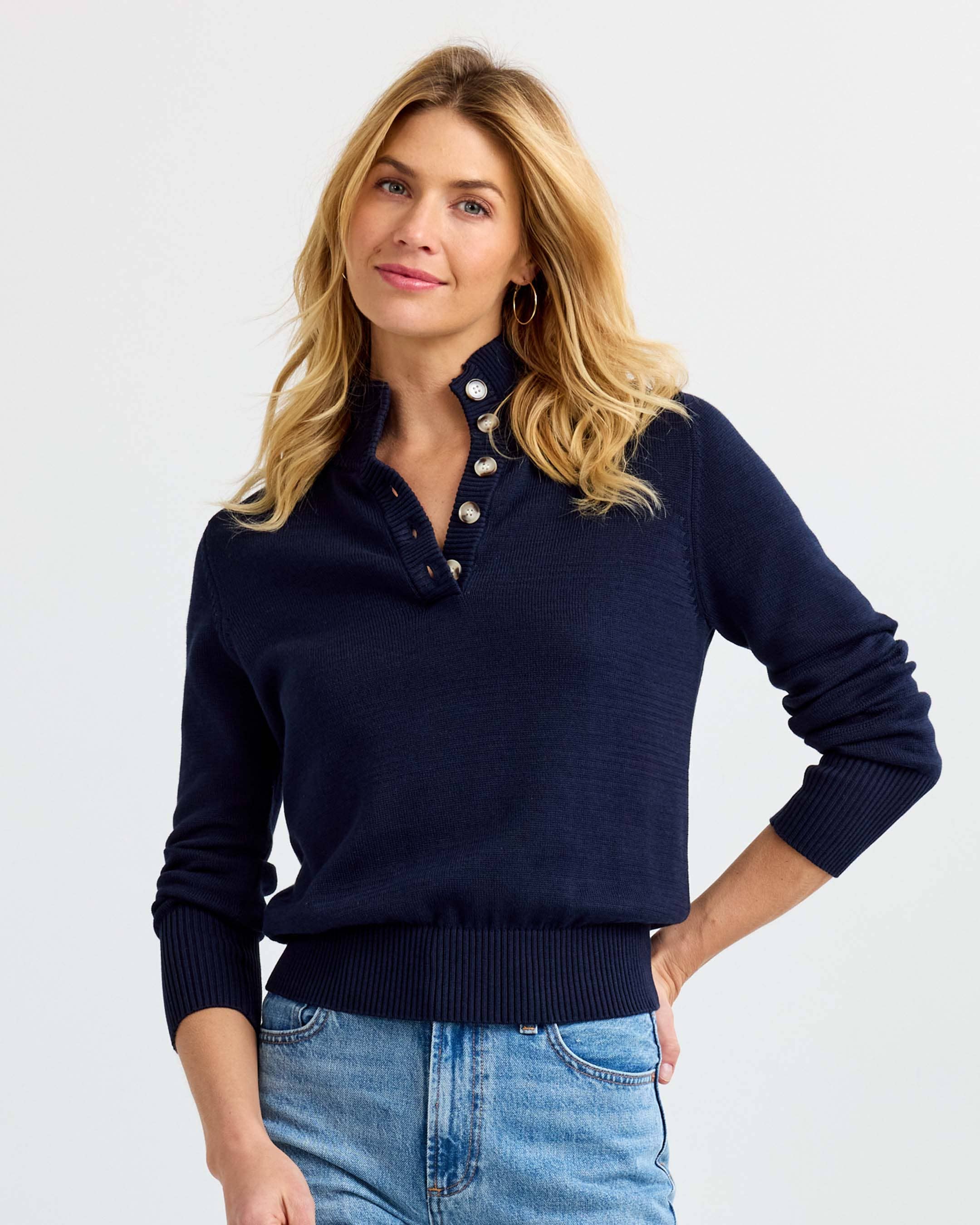Cotton Henley Pullover - Navy