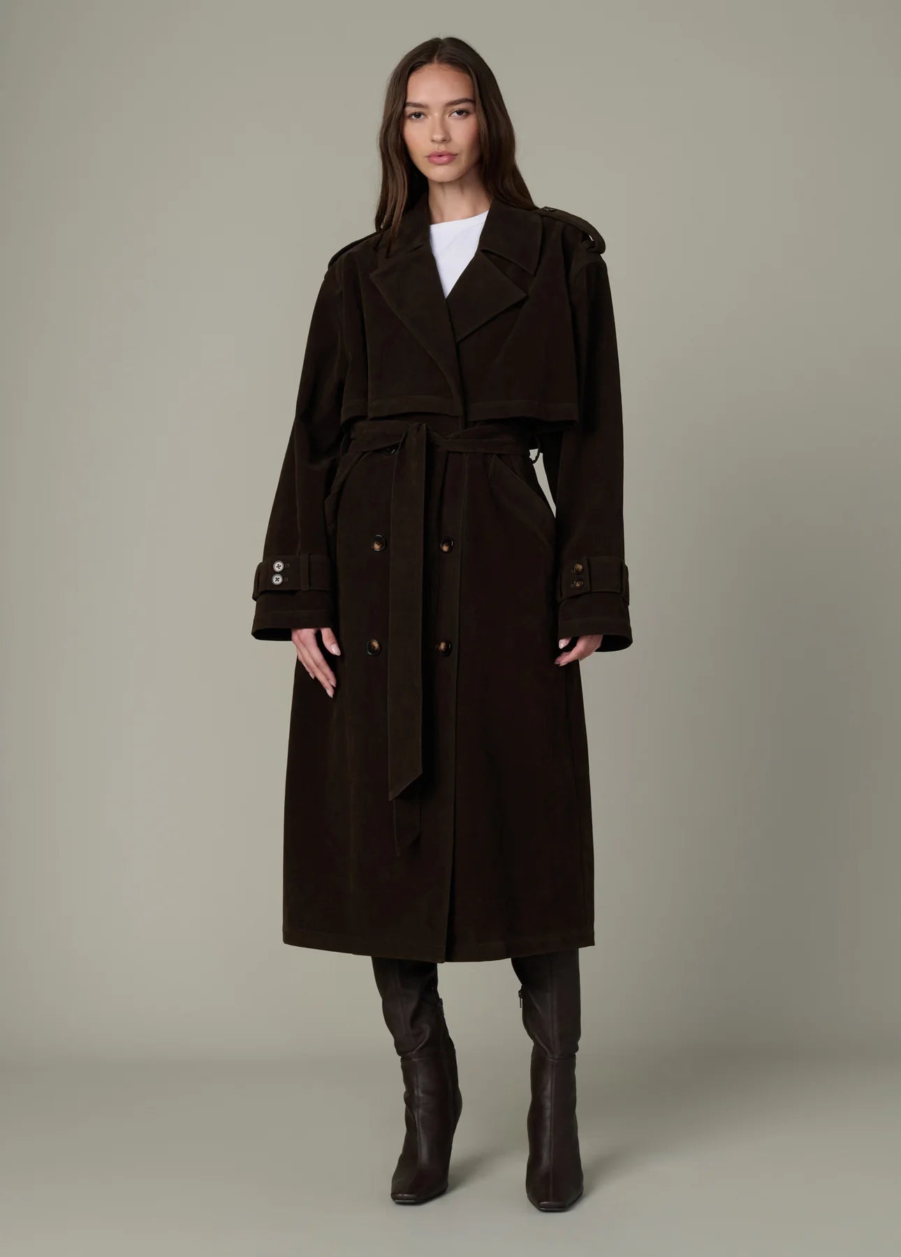 The Elizabeth Vegan Suede Trench Coat - Dark Chocolate