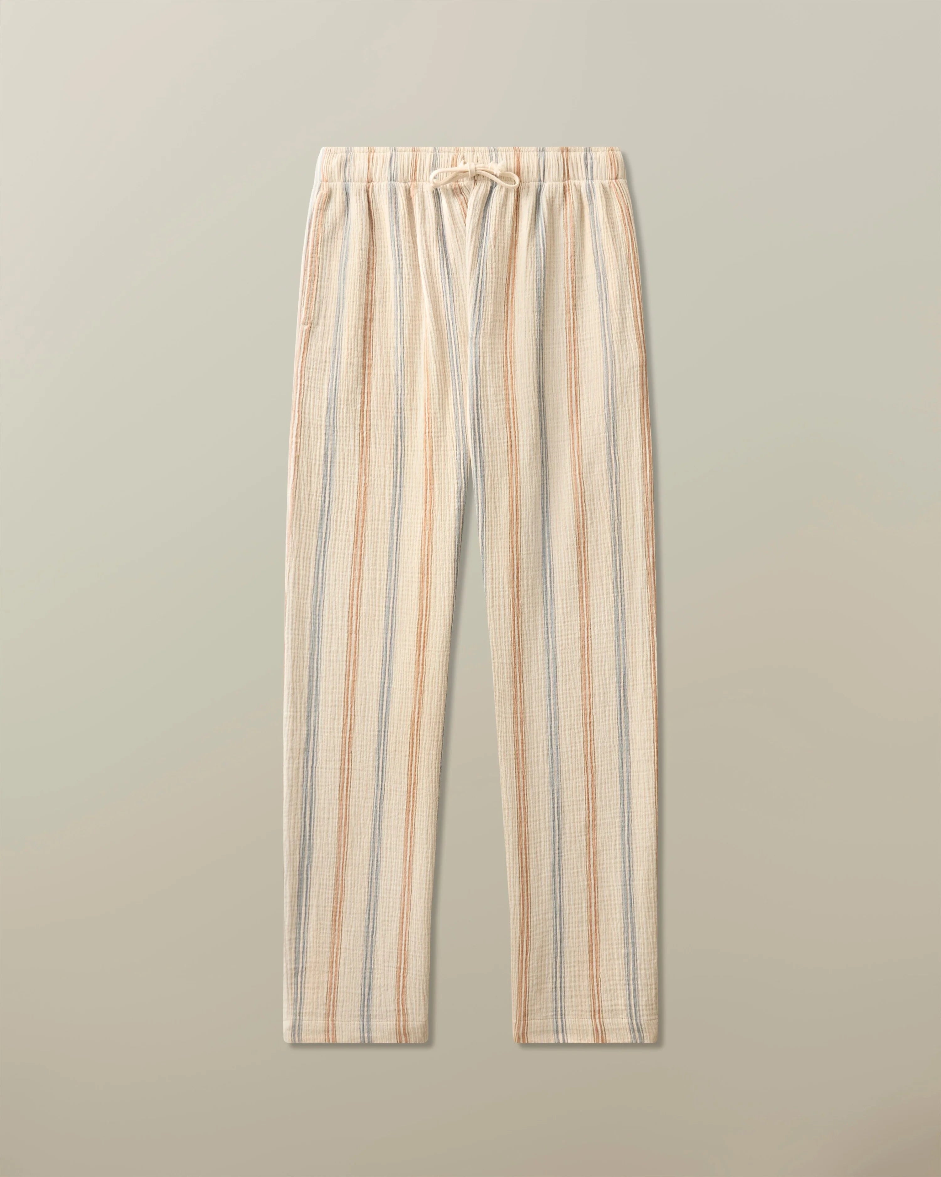 Bali Drawstring Pant in Cotton Seersucker - Blue and Gold Stripe