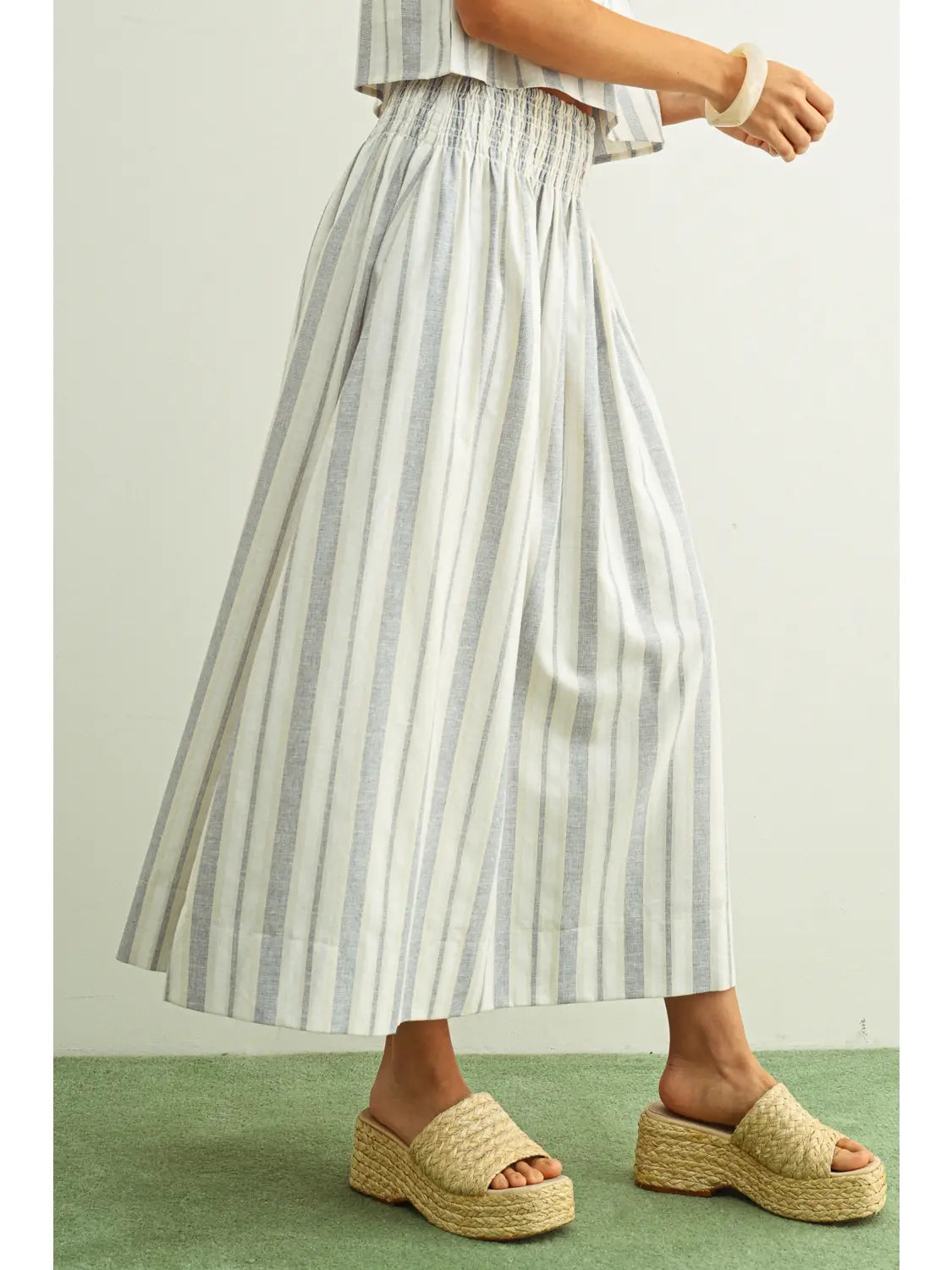 Striped Smocked Waist Maxi Skirt - Blue/Oatmeal