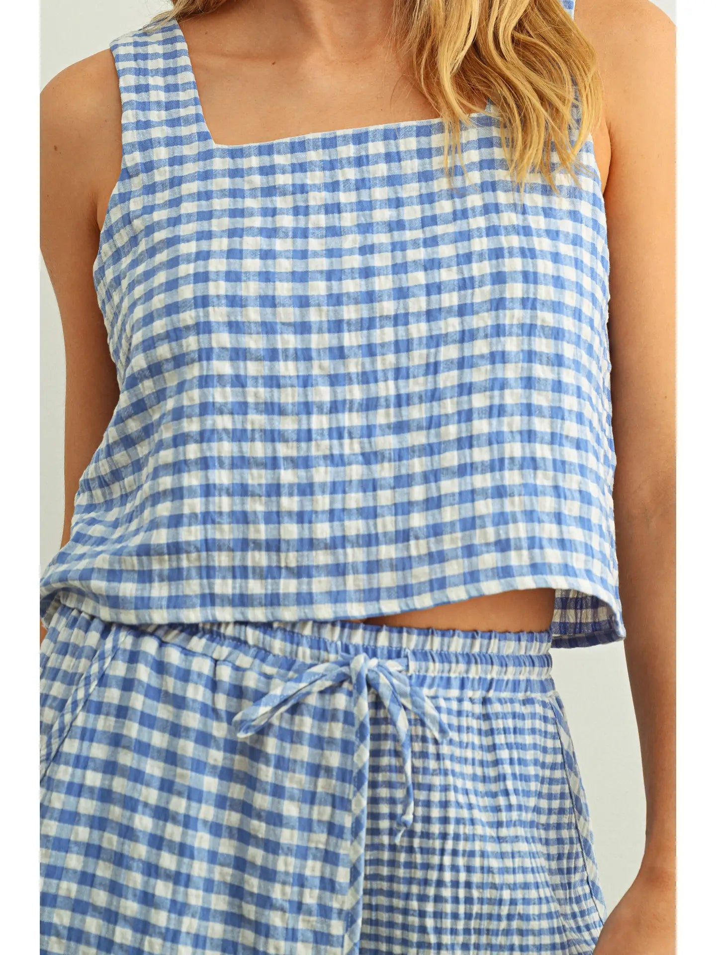 Gingham Square Neck Tank - Blue/White