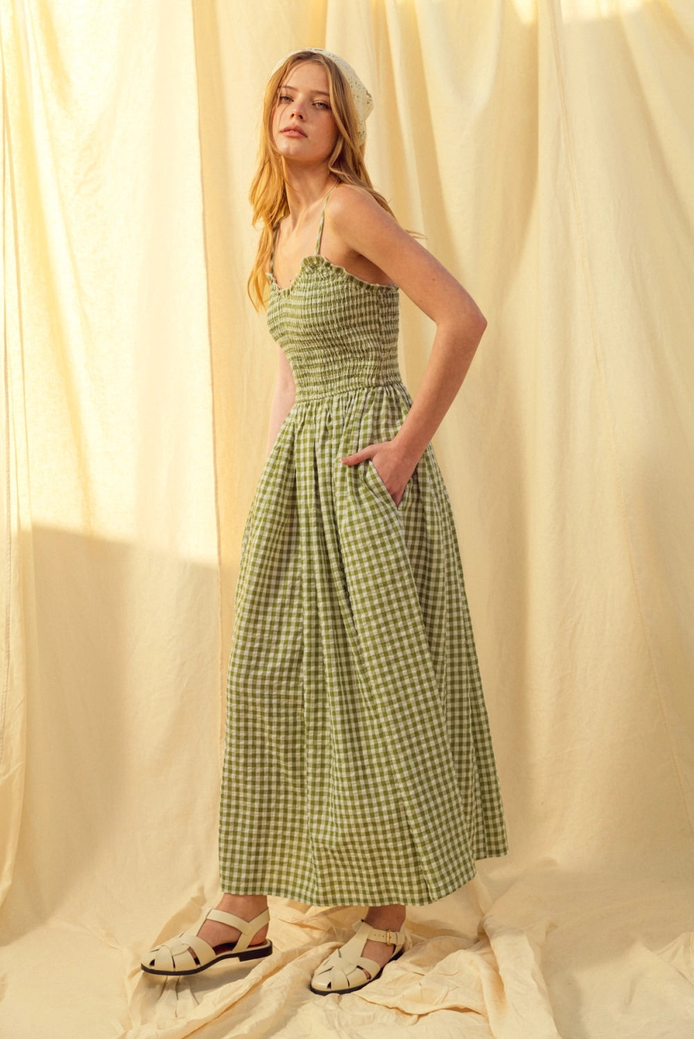 Gingham Print Long Dress - Green