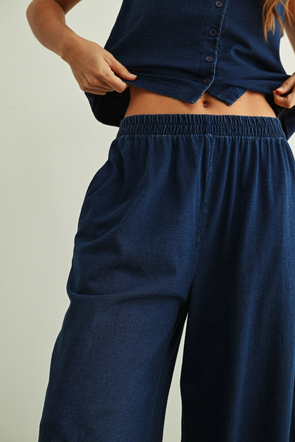 Washed Knit Wide Leg Pants - Indigo Blue