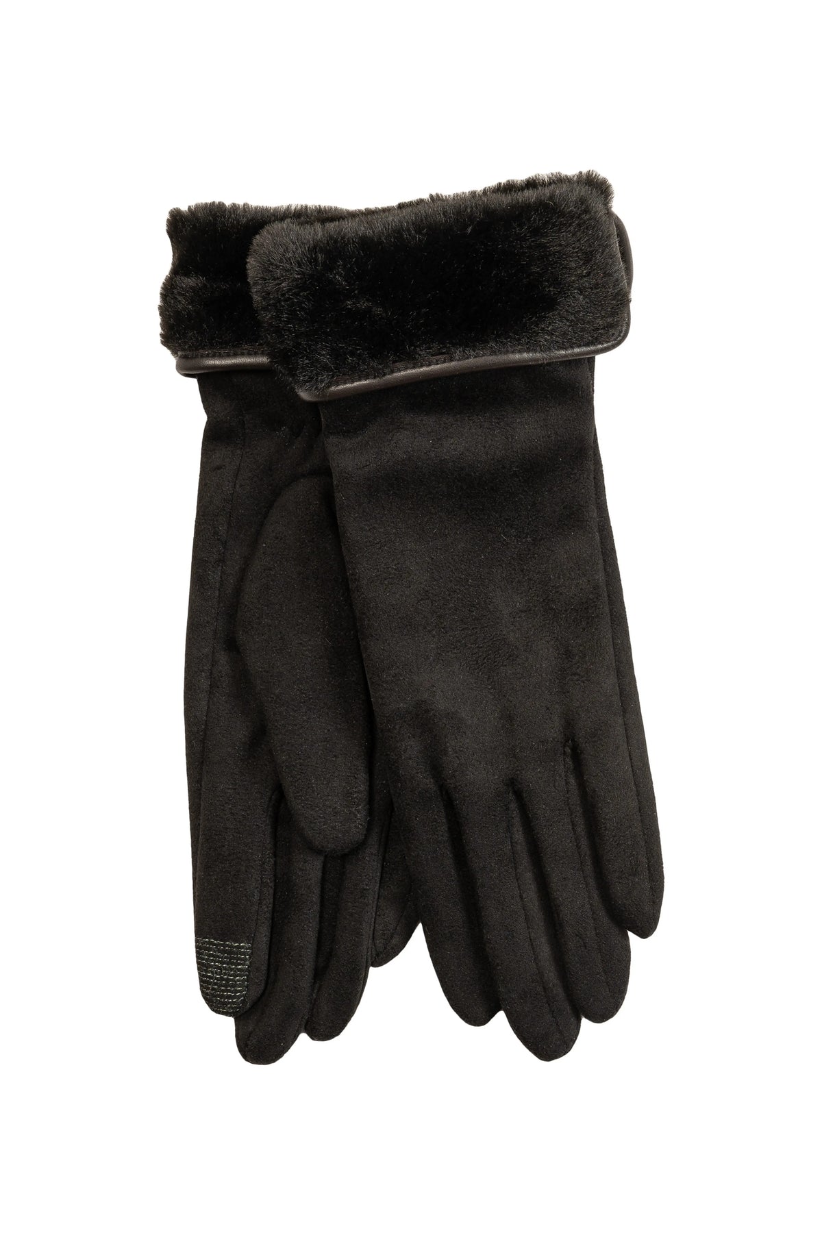 Stretch Suede Fold-Up Faux Fur Cuff Gloves - Black