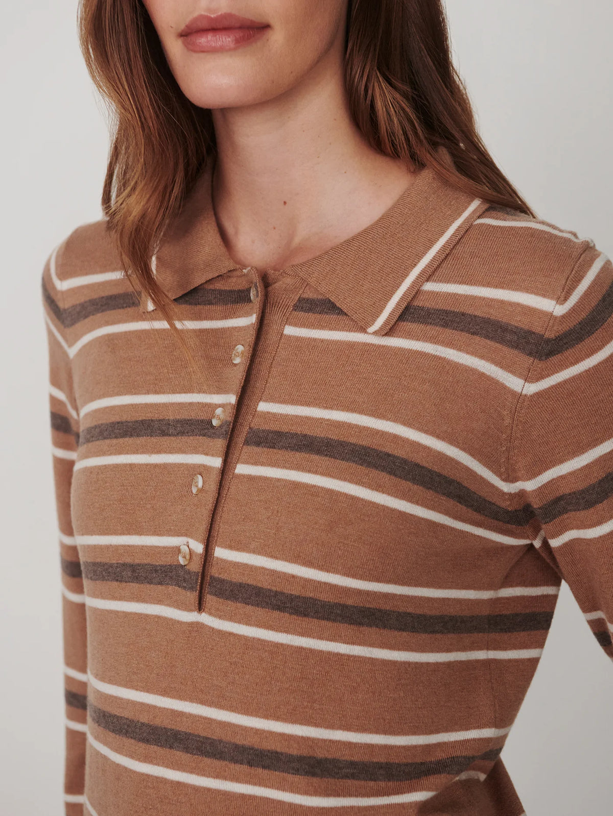 Mayra Stripe Knit Polo - Camel