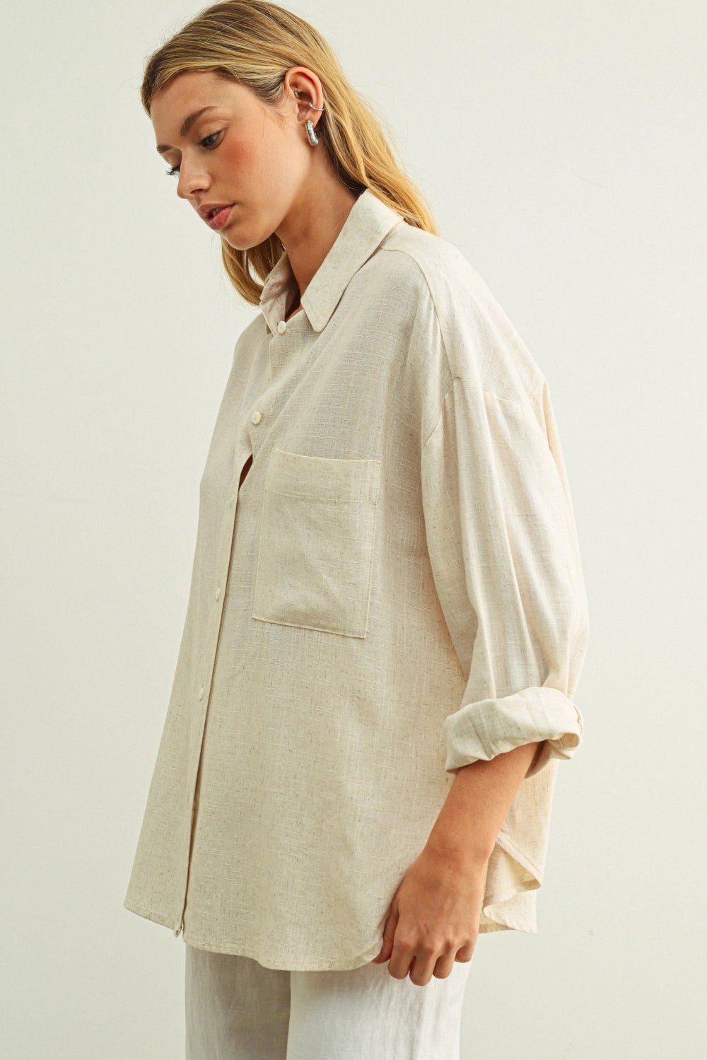 Linen Blend Button-Up Shirt - Oatmeal