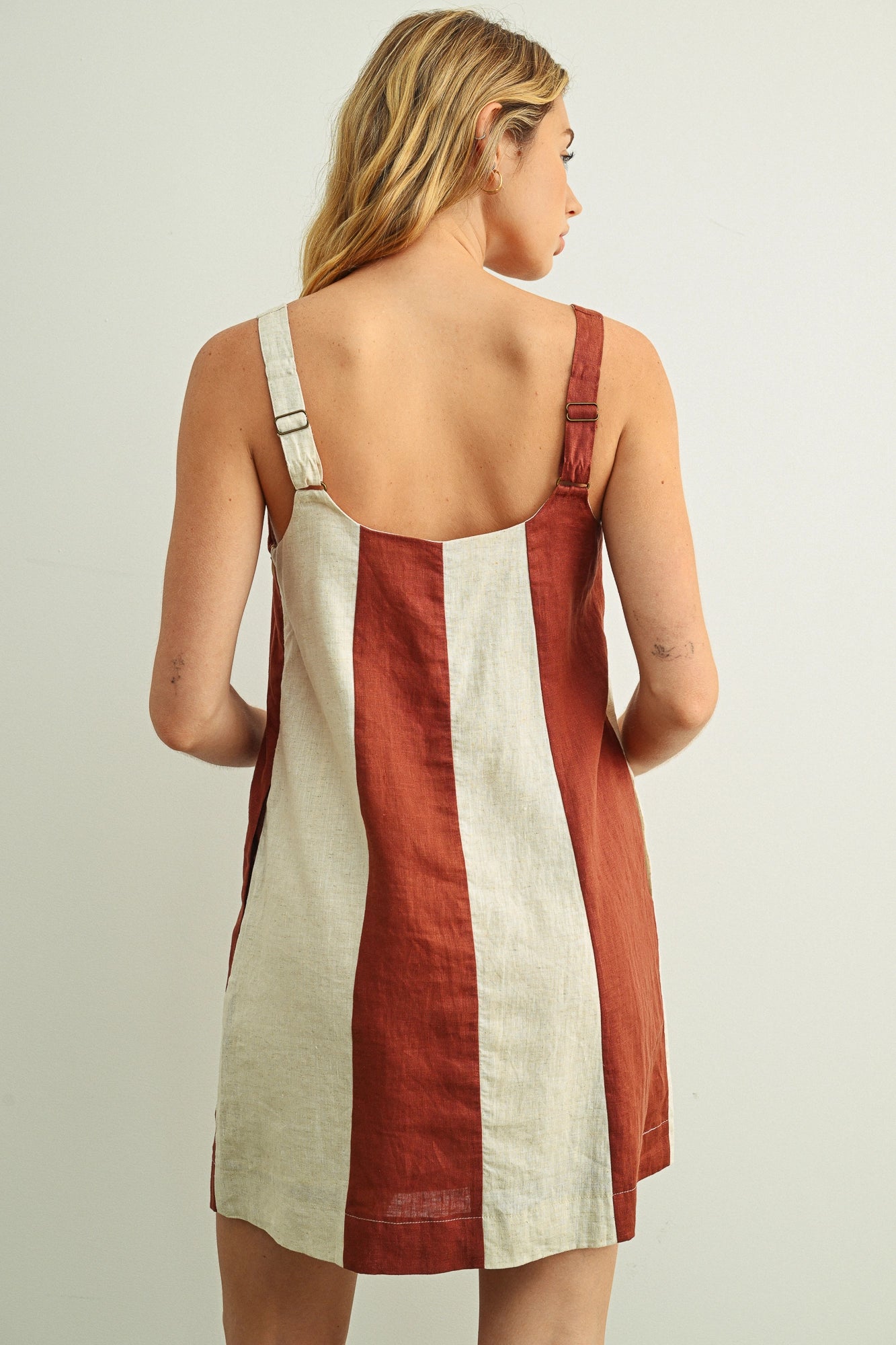 Color Block Linen Mini Dress - Rose Clay/Oatmeal